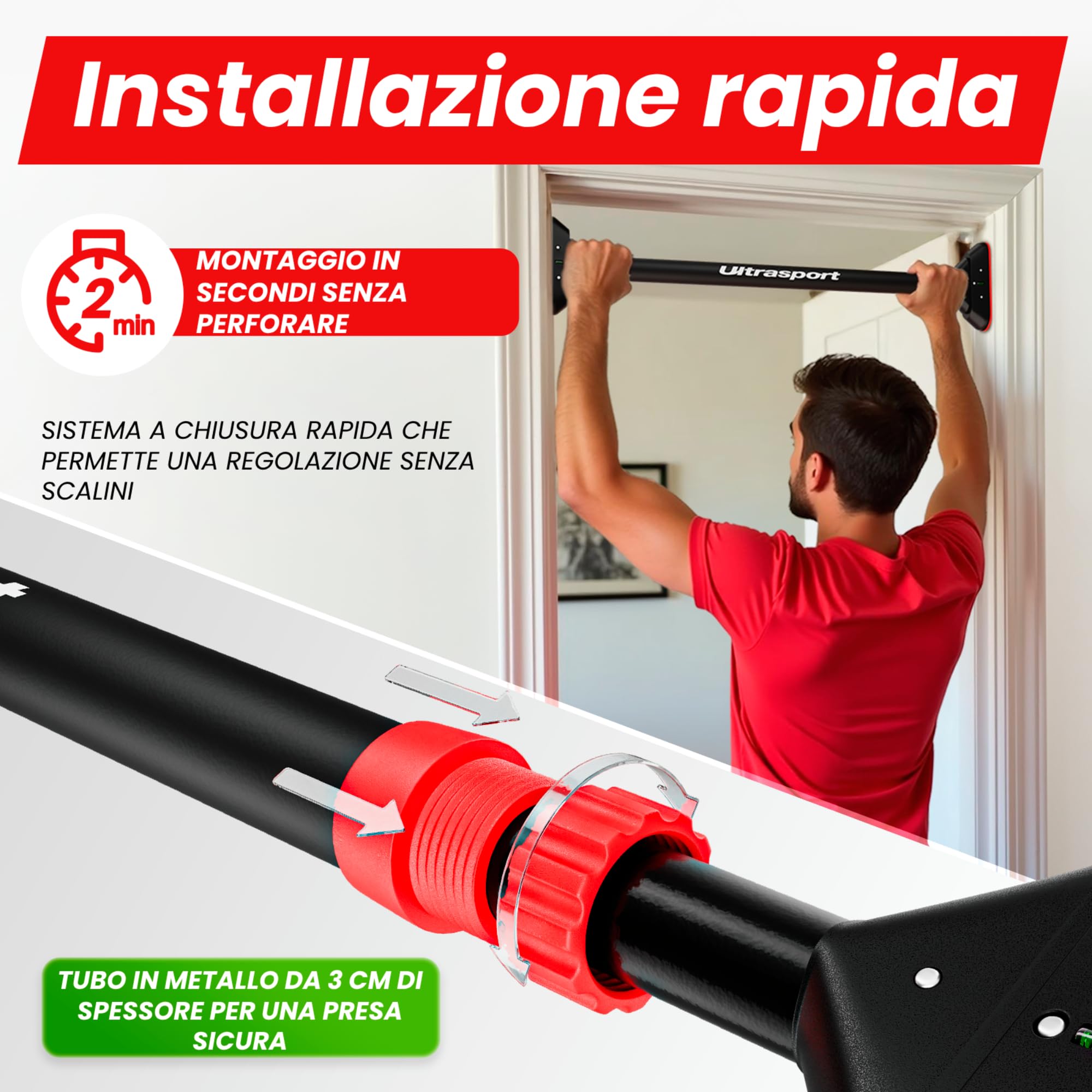 Ultrasport Barra per trazioni, barra per porta, regolabile da 66,5 cm a 93 cm, senza viti, antiscivolo, presa sicura, maniglie in schiuma