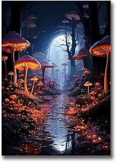 bioluminescent glowing mushrooms in a magic forest, fantasy art, framed Poster print, wall art decor, Wall Art, Home Decor