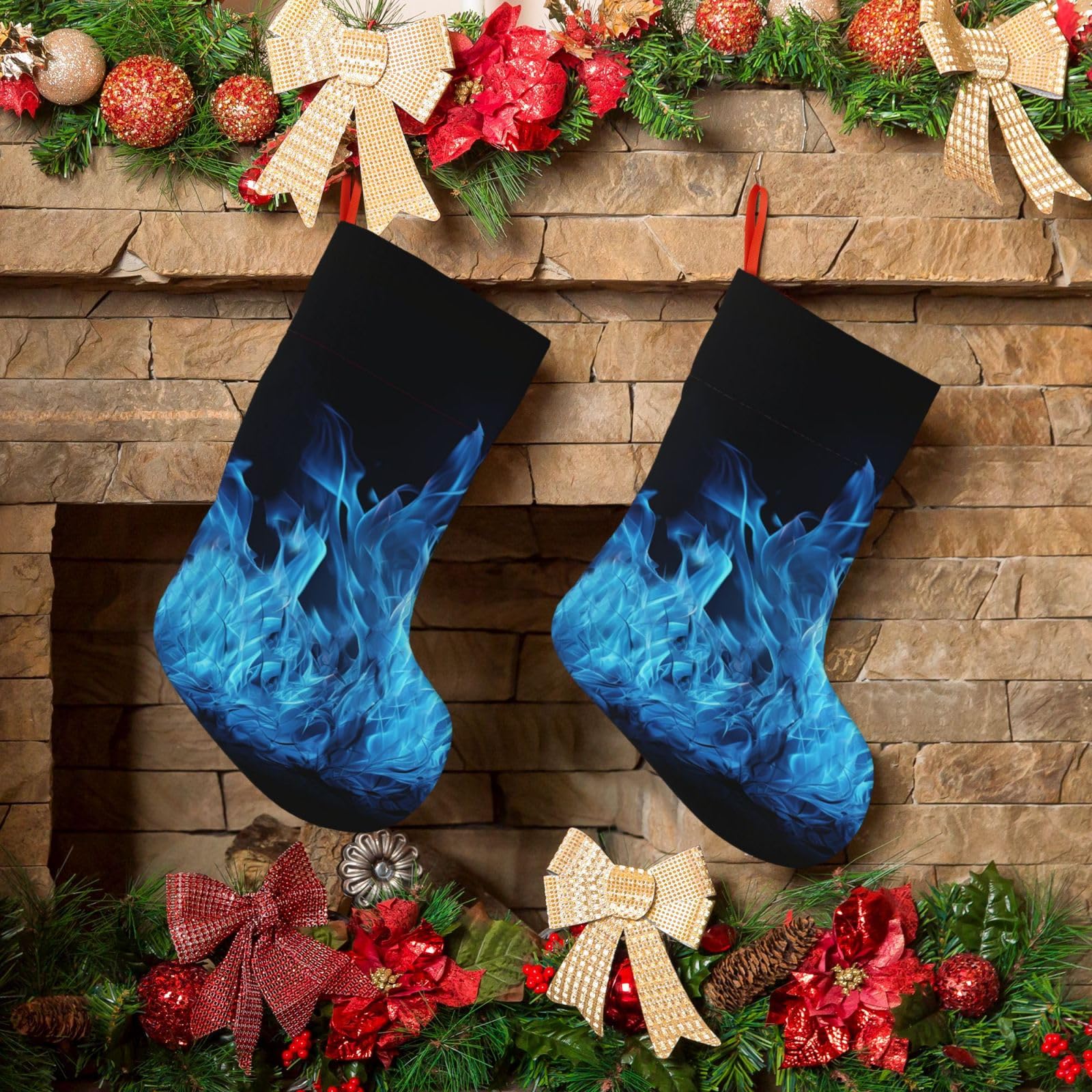 KLOPH Christmas Stockings 18" Personalized Xmas Stocking Blue Flame Decoration Stocking Hanging Fireplace Stocking for Holiday Xmas Tree Christmas Fireplace Decor