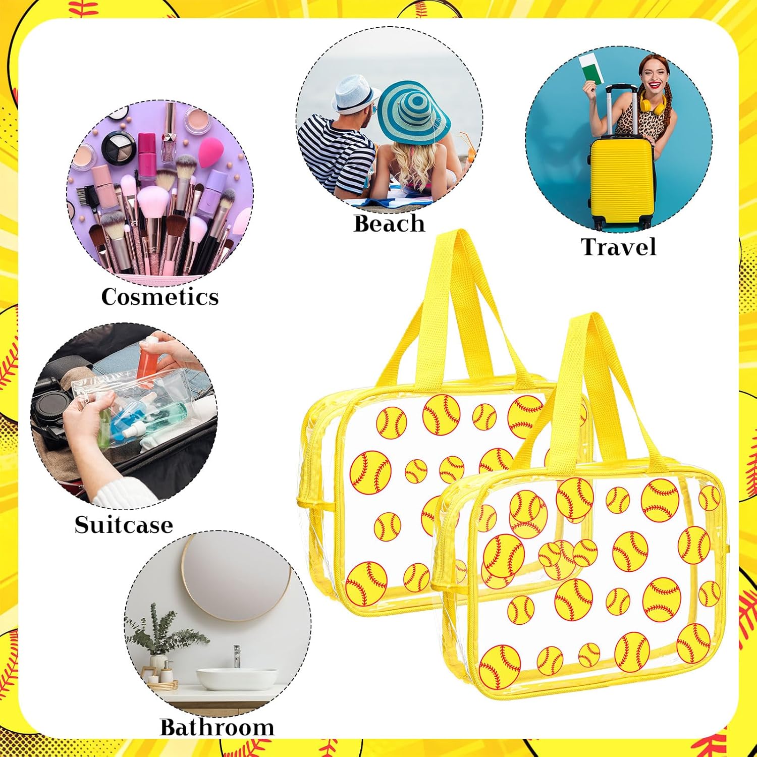 Kacctyen 12 Pcs Softball Large Clear Toiletry Cosmetic Makeup Bag with Zipper and Handle Cheer Snack Bag Bulk for Team 12 x 9 x 4 Gift Bags Tote Pouch Cheerleading Teammates Party Supplies (Yellow)