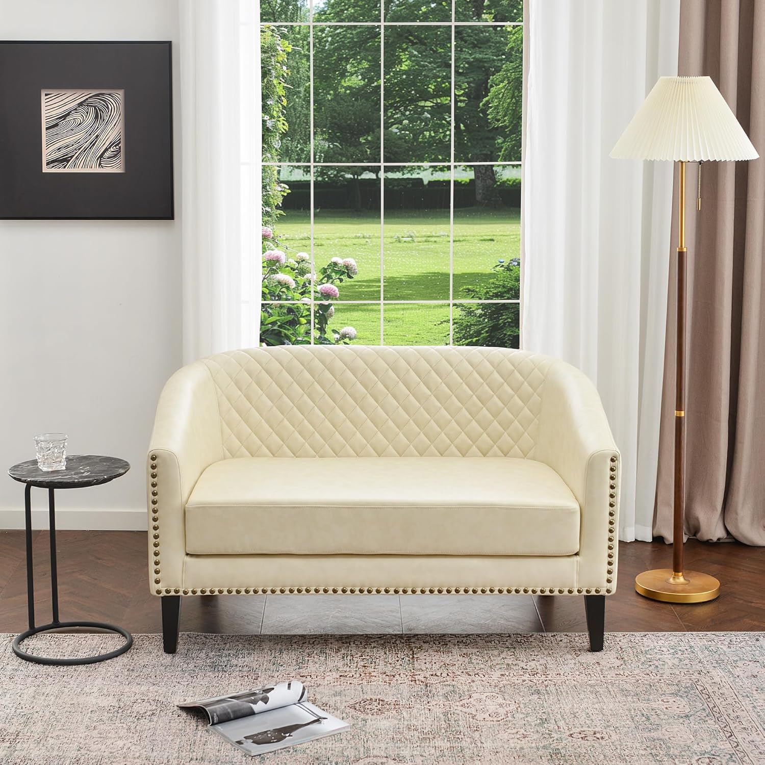 KINWELL 50" Faux Leather Small Barrel Love Seat Settee, Diamond Tufted Back Compact Loveseat Sofa with Nailhead Trim, Modern 2-Seater Couch with Solid Wood Legs for Small Spaces, Apartments, Cream