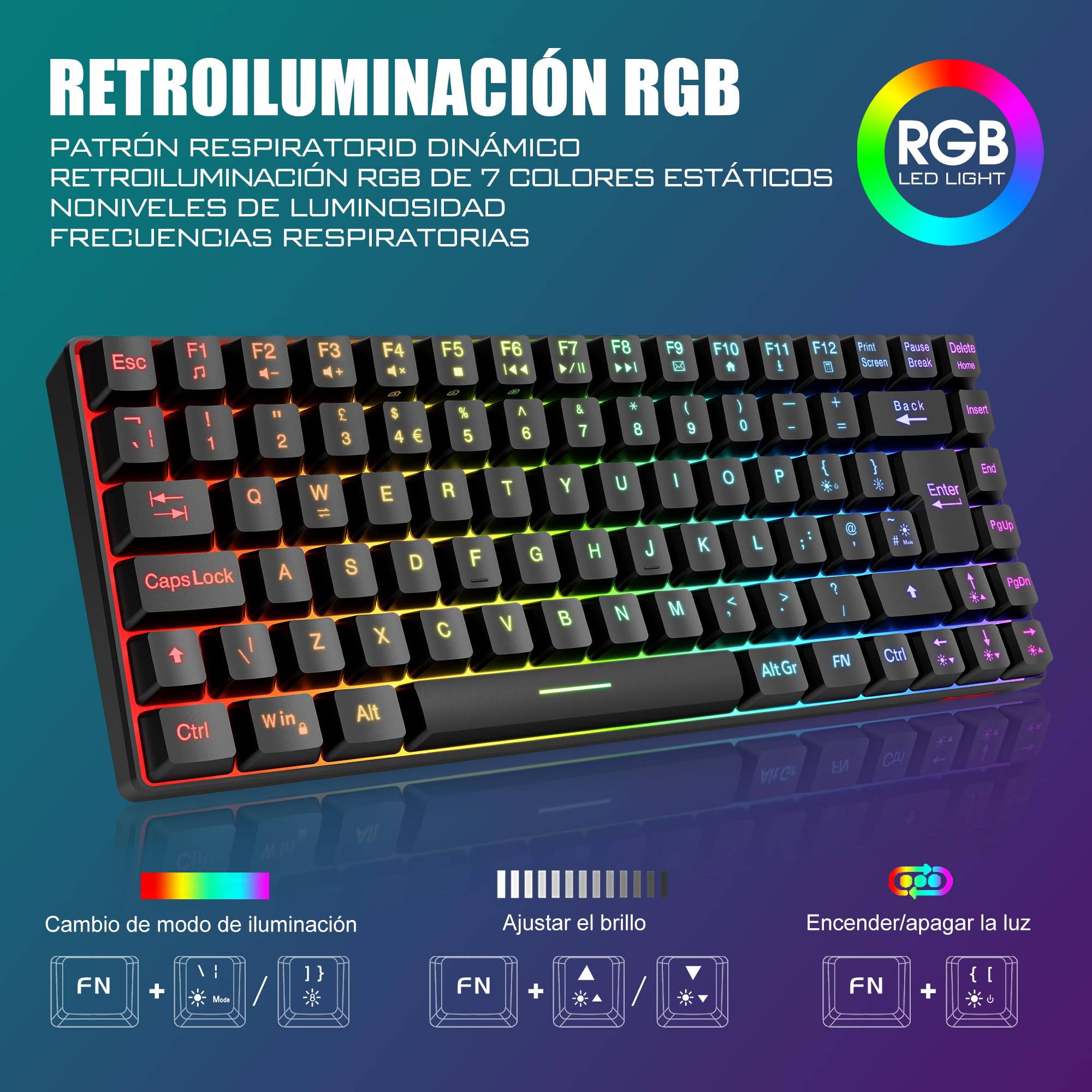 RedThunder 75% Teclado Inalámbrico Gaming,Retroiluminación RGB,Ratón Celular Ligero de 3200 dpi,Teclado Ultra-Compacto 85 Teclas Anti-ghosting,Disposición ES,para PC/PS5/Xbox