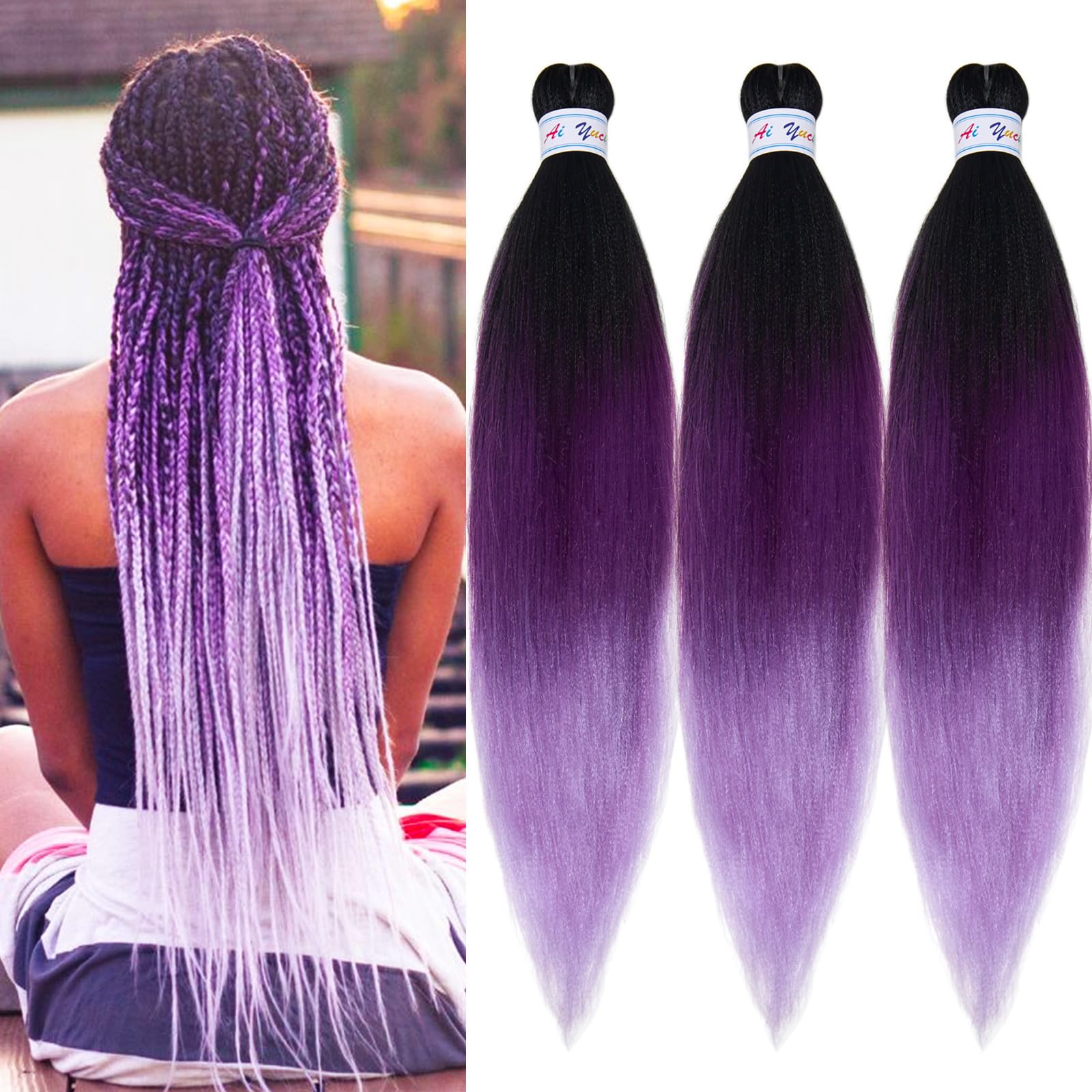 Ai Yuchen Purple Ombre Braiding Hair Pre Stretched Colored Hair Extensions for Braiding Micro Box Braids Prestretched Pre Stretched Braids Hair Ombre 26 inch 3 Packs