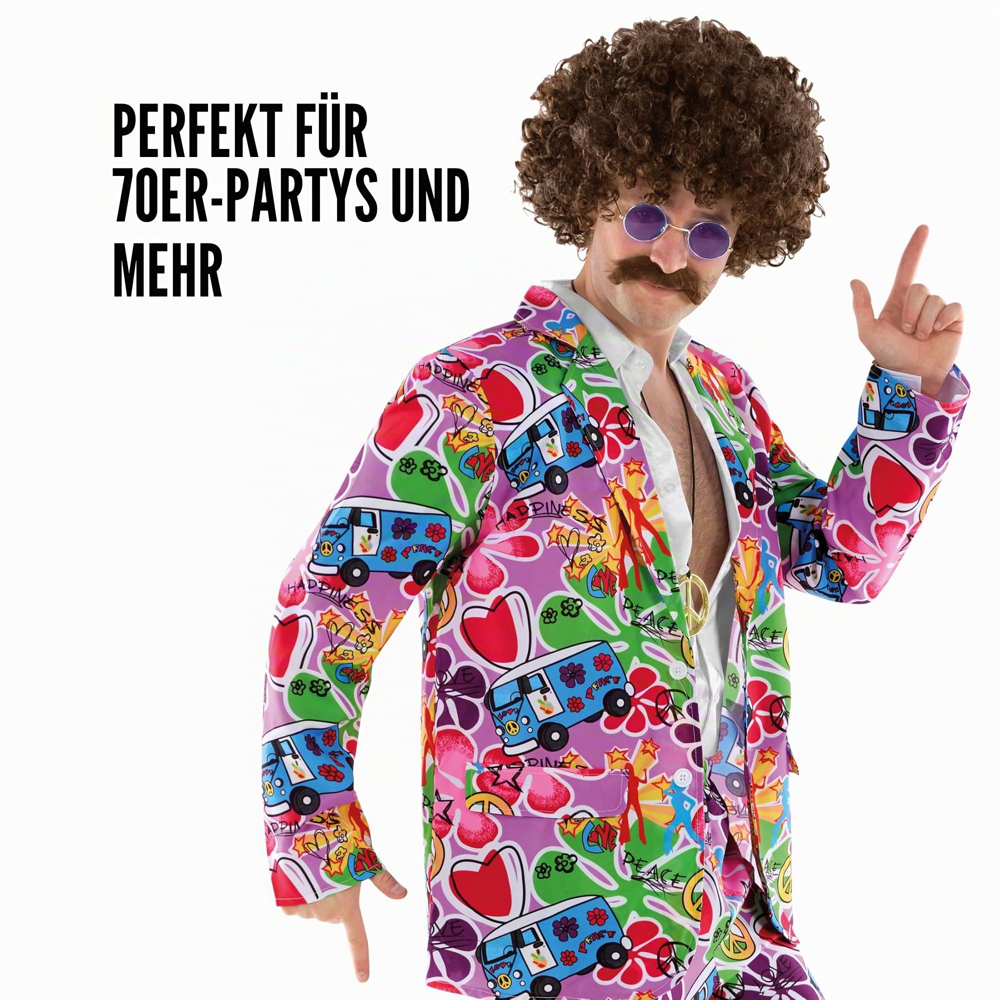 Fun Shack Hippie Kostüm Herren, 70er Jahre Outfit Herren, Kostüm 70er Jahre, Hippie Anzug, Schlagermove Outfit Männer, Faschingskostüme Männer, Karneval