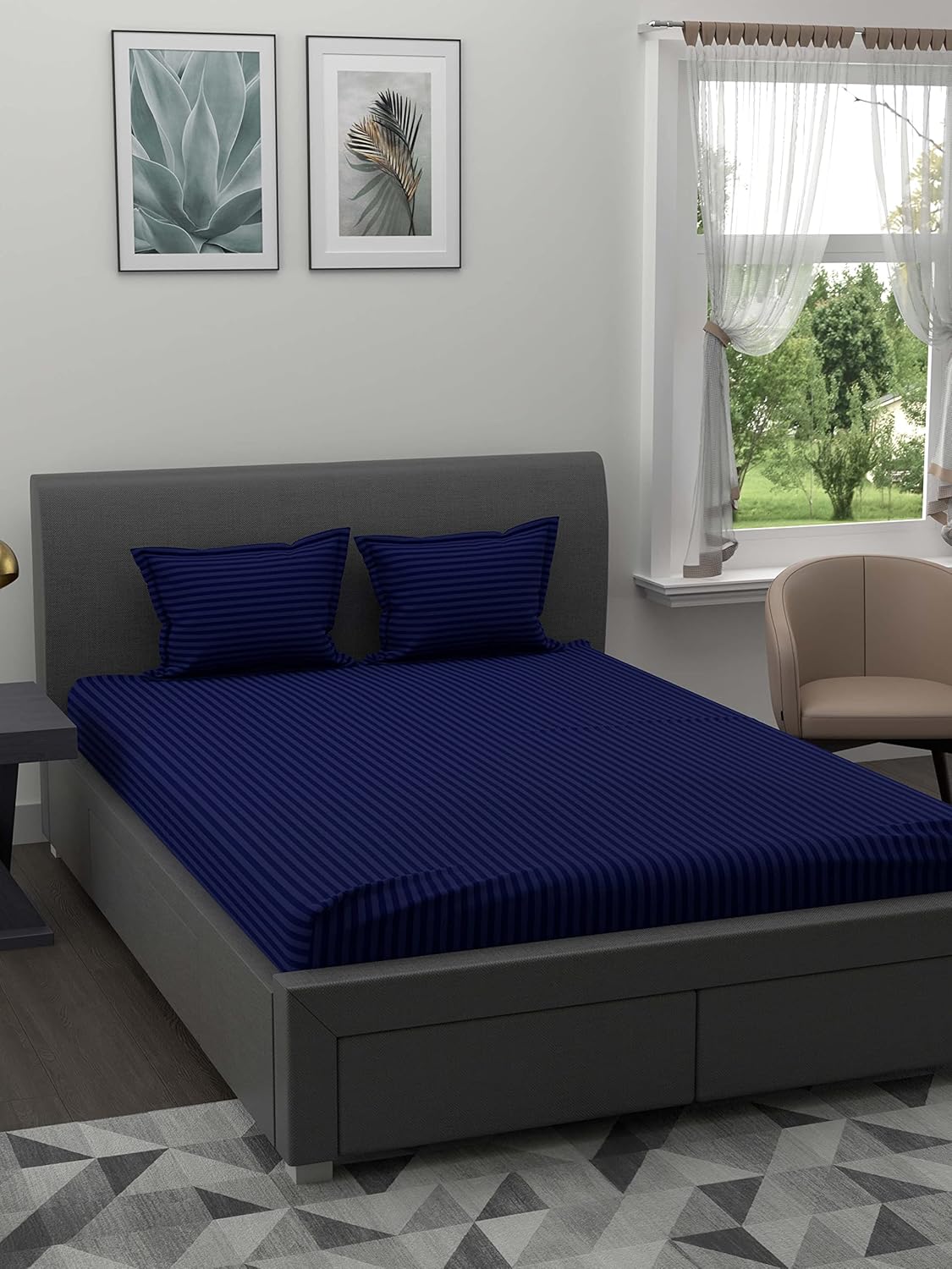 JaipurFabric® Poly Cotton 150 TC Satin Stripes Double Bedsheet with 2 Pillow Covers (90″ X 108″), Navy Blue JaipurFabric® Poly Cotton 150 TC Satin Stripes Double Bedsheet with 2 Pillow Covers (90″ X 108″), Navy Blue