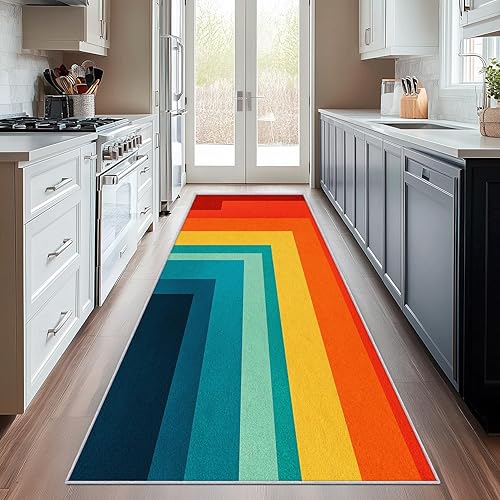 Miniatura 11 de Alfombra retro de los años 70 de 3 x 8 pulgadas, alfombra de pasillo vintage geométrica negra, blanca y naranja, antideslizante, lavable, alfombra