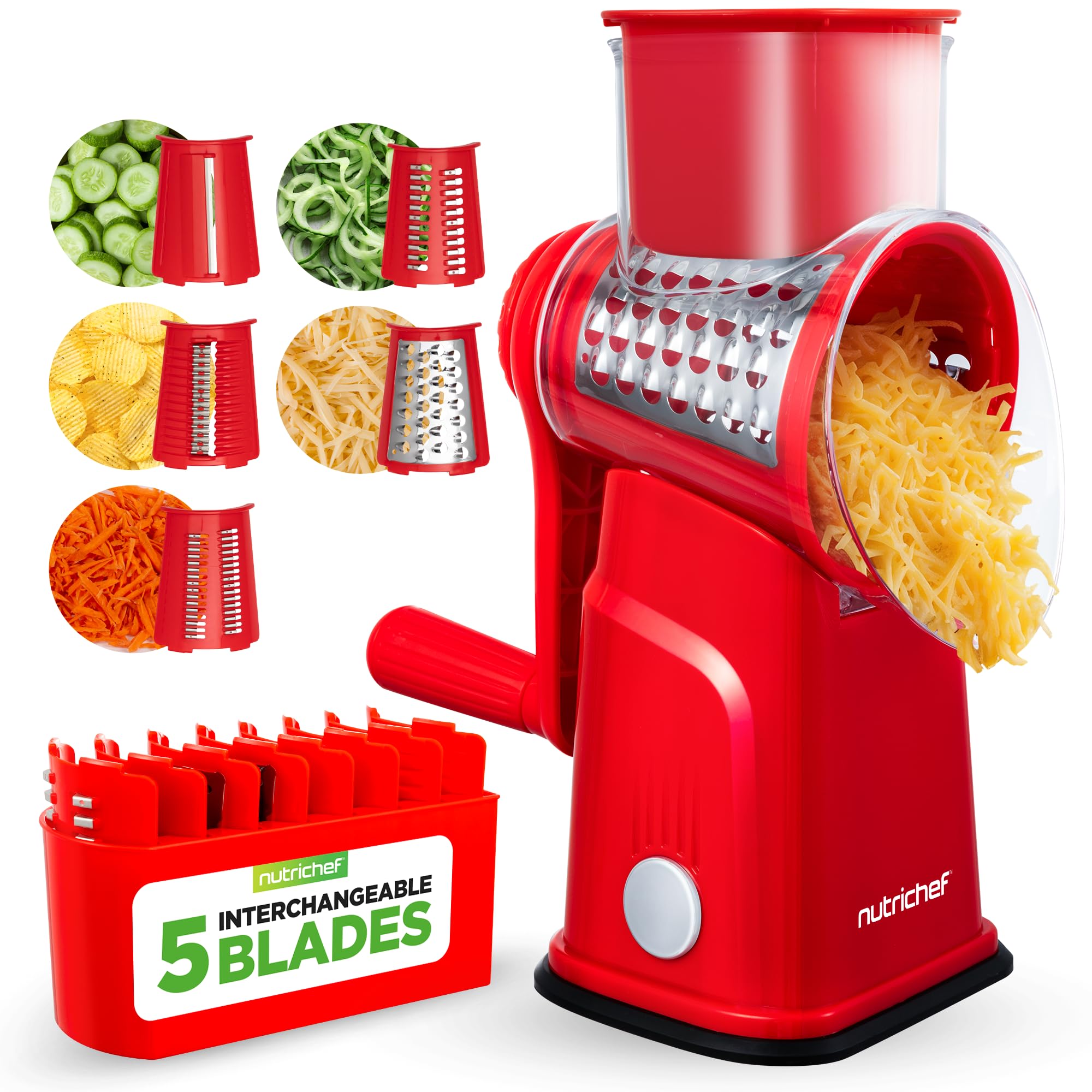 NutriChef Rotary Cheese Grater 5 in 1 – Manual Vegetable Slicer and Cheese Shredder with 5 Interchangeable Blades and Storage Container, Strong Suction Base, Red, 9.45" — image 1