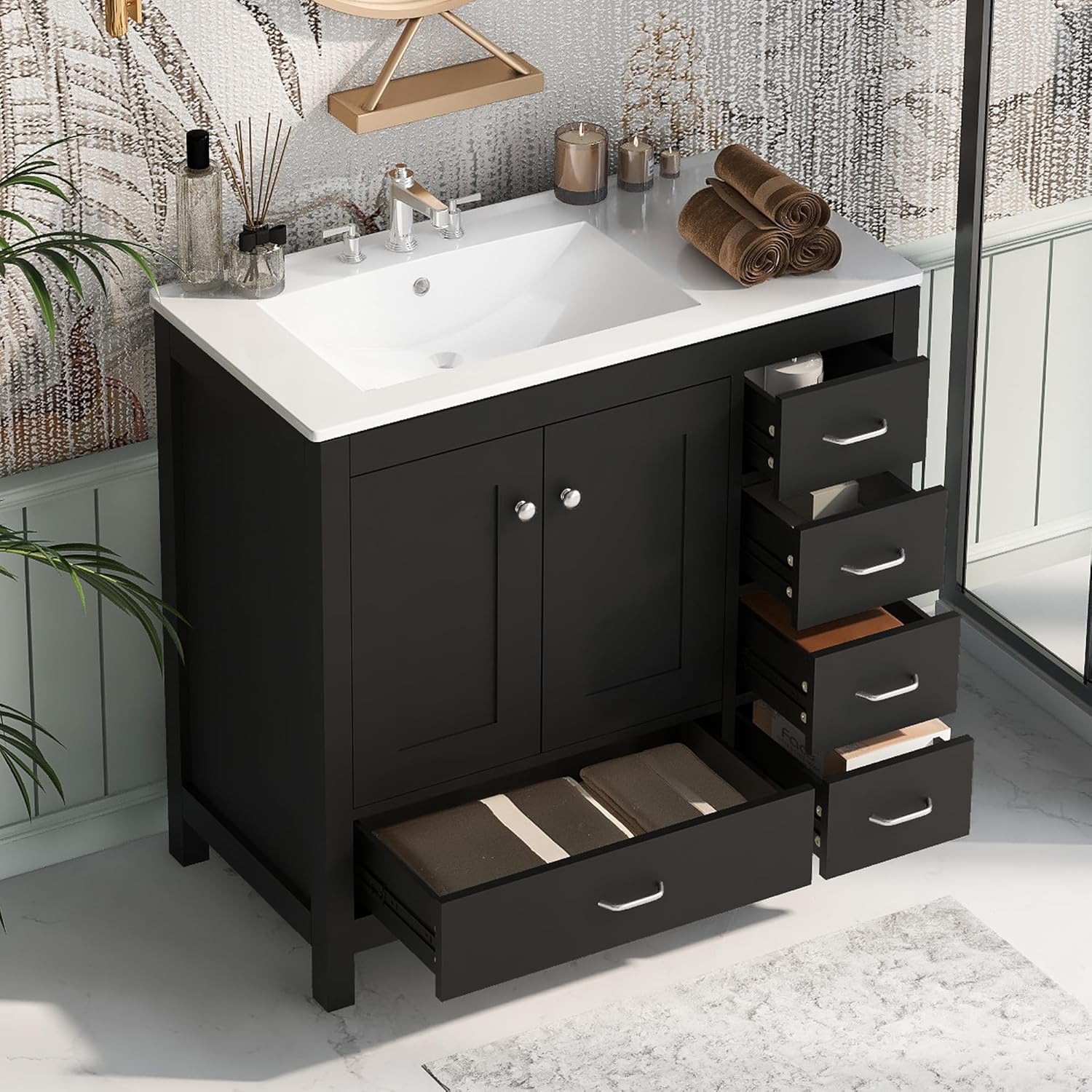 36" Bathroom Vanity with Sink,Bathroom Sink Cabinet with 5 Soft-Close Drawers and 2 Soft-Close Doors, Abundant Multifunctional Storage Sink Bathroom Vanity (Black, 36" Style 2)