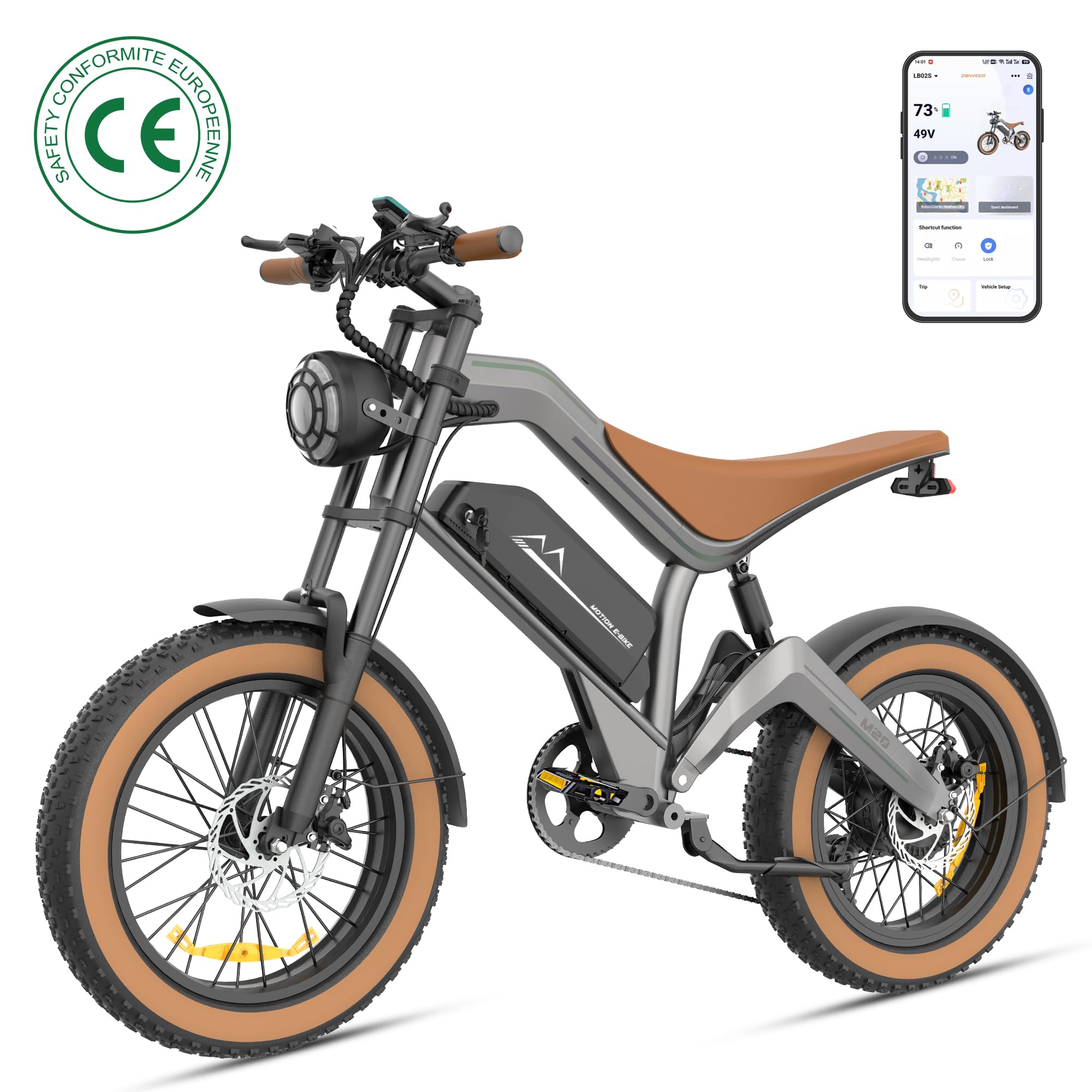 E Bike Herren, 20 * 4.0" All-Terrain Fat Reifen Elektrofahrrad mit 250W 74NM Motor 48V 18.2Ah Akku, mit APP, 25km/h bis zu 100km, 7-Gang Getriebe Scheibenbremse, M20