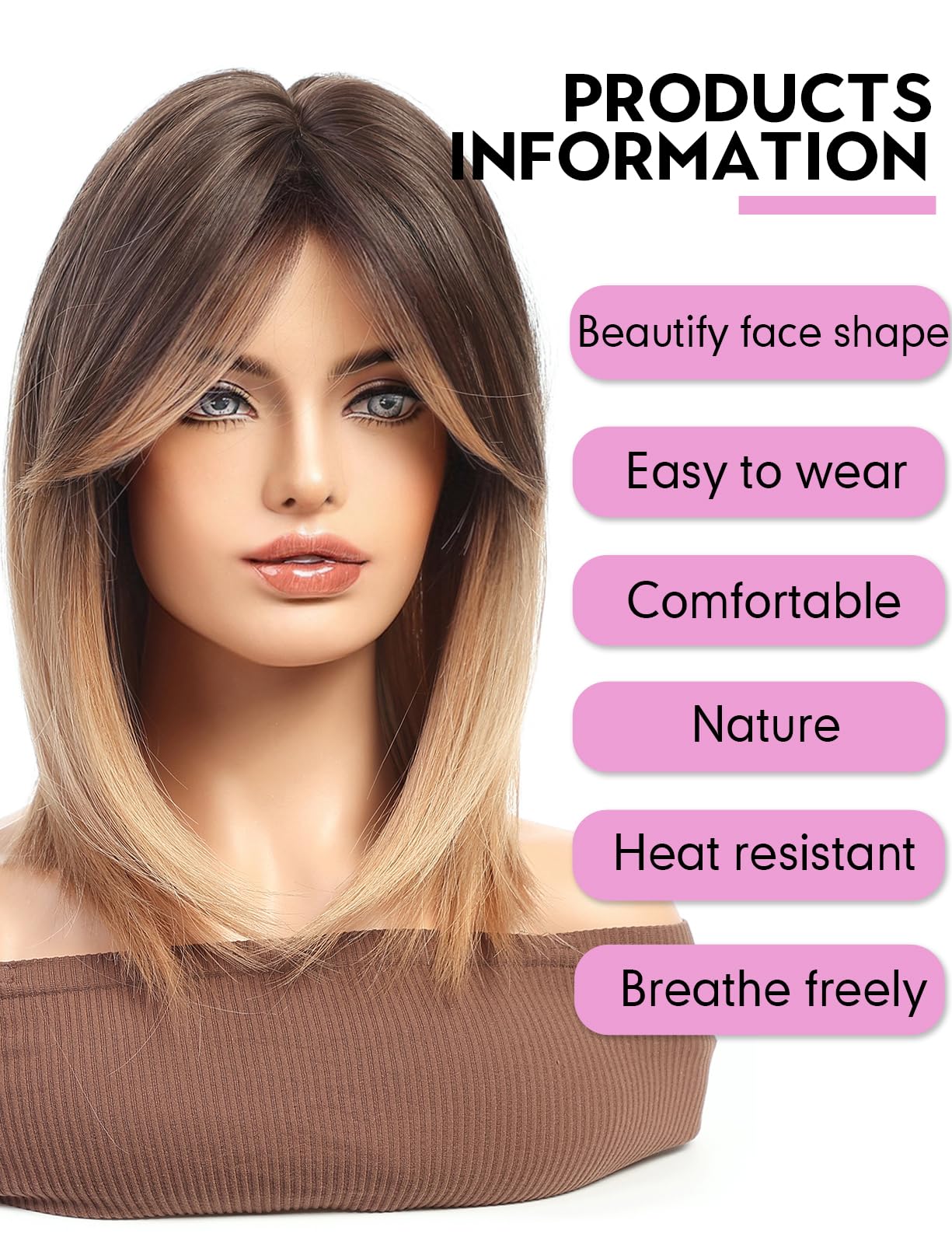 WOKESTAR Bob Wig with Fringe Short Ombre Champagne Blonde Color Wigs for Women Bob Style Synthetic Heat Resistant Bob Wigs - Image 4