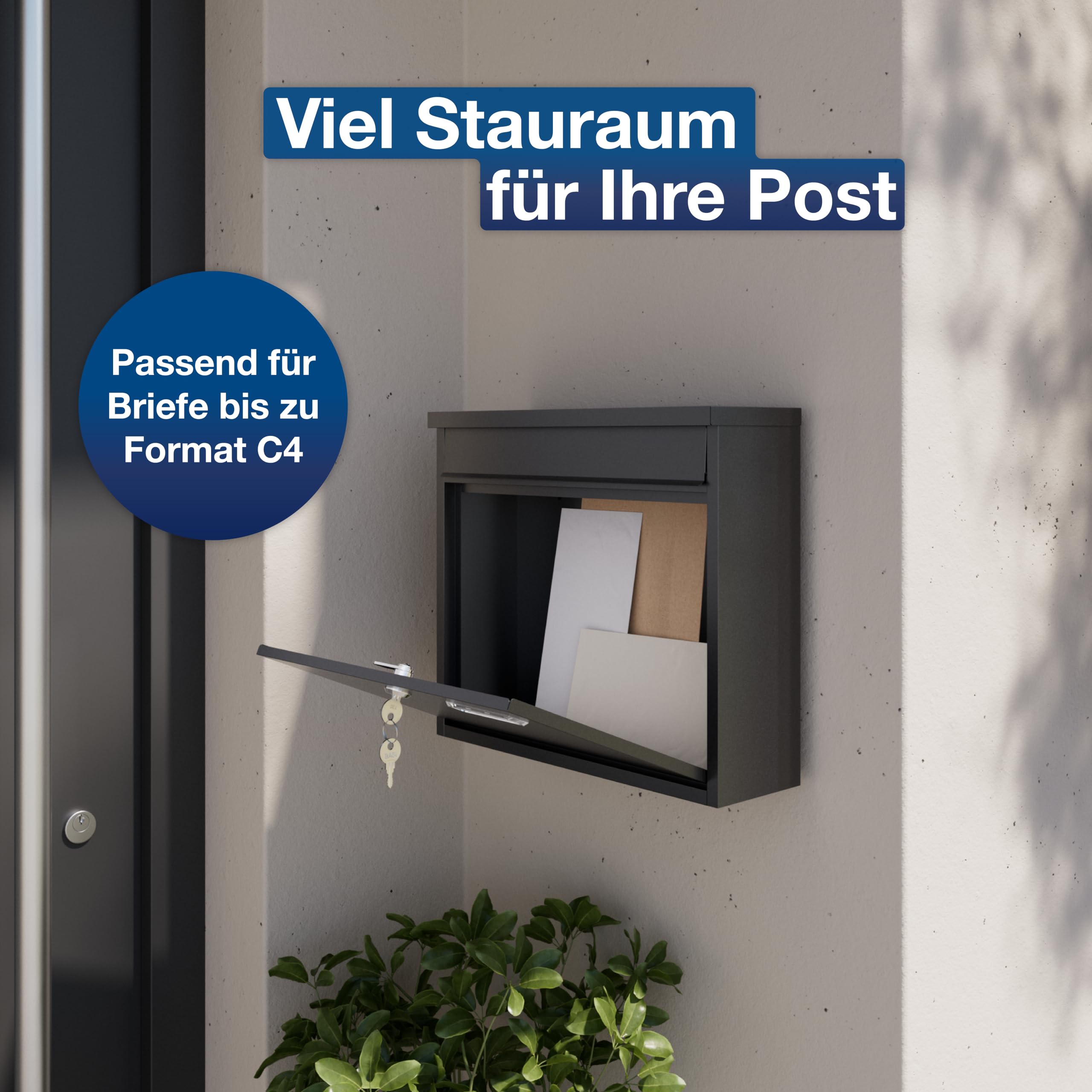 BASI Briefkasten 6er Set | Wandbriefkasten aus Stahl | Farbe Anthrazit Matt | mit Namensschild | Zylinderschloss mit 2 Schlüssel | inkl. Befestigungsmaterial | Briefkastenanlage | 6 Stück