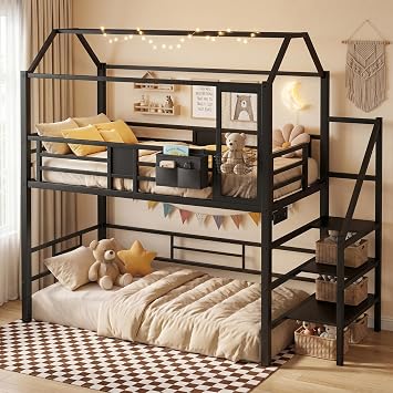 Twin Loft Bed with Stairs, Charging Station, Storage & Light Strip, Metal House Shape Loft Bed Twin Size, Heavy-Duty Loft Beds for Kids, Teens, No Box Spring Needed, Black