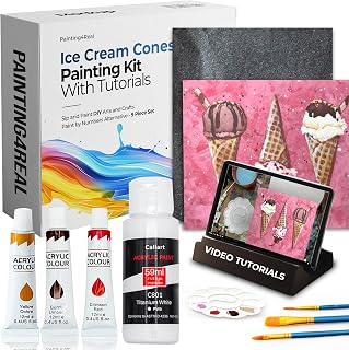 Painting4Real DIY Acrylic Paint Set for Adults, Learn to Paint Ice Cream Cones with Video Tutorials, 9 Peices Canvas Art Painting Kits for Adults, Perfect Holiday Gifts Art & Craft for Adult, Beginner