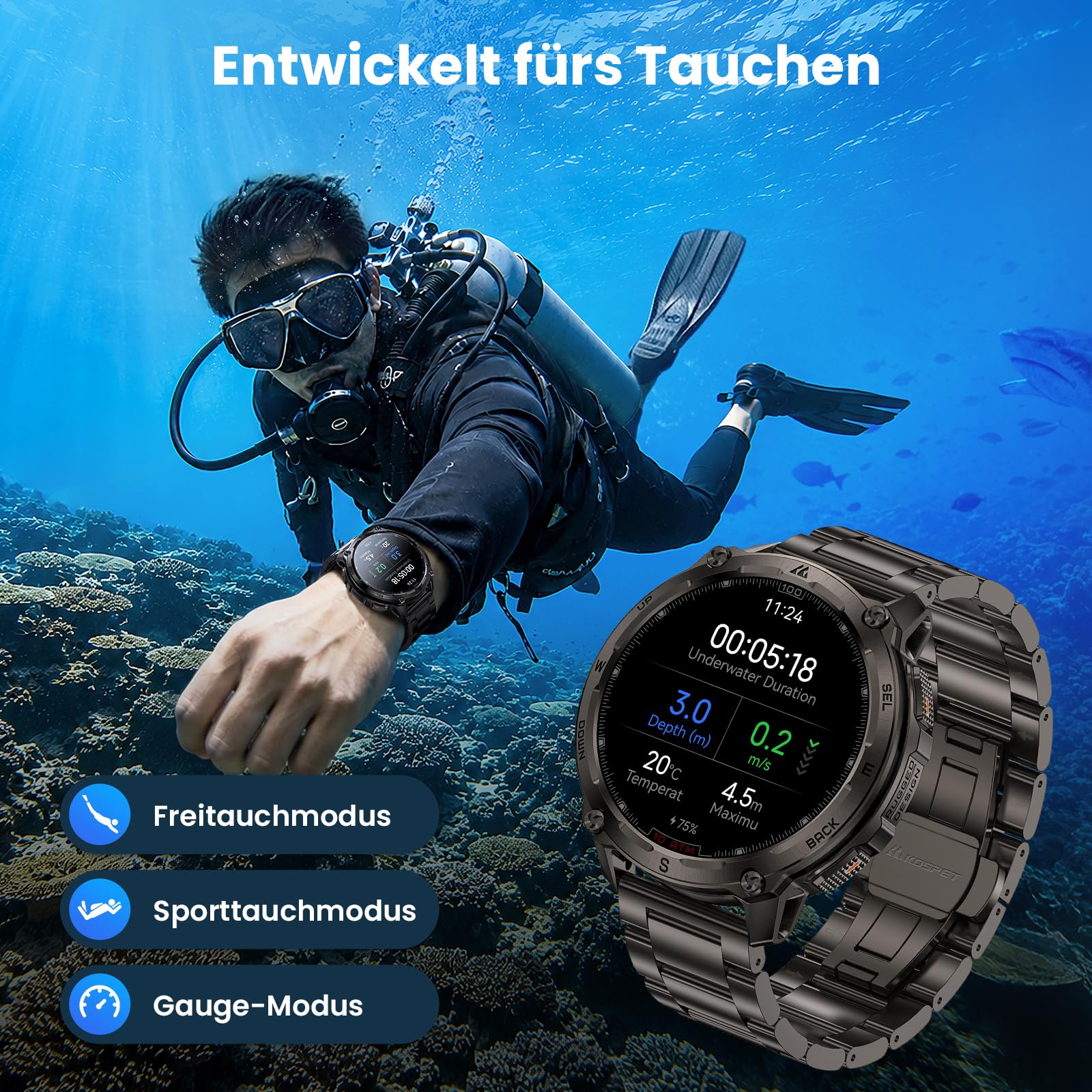 KOSPET Tank T4 Special Edition Smartwatch Herren, Dualband-GPS, 2 Armbänder | Karten offline, Edelstahl, 1,43" AMOLED Robuste Militär Watch, 10ATM, 180+ Sportmodi, Herzfrequenzmonitor für Android iOS