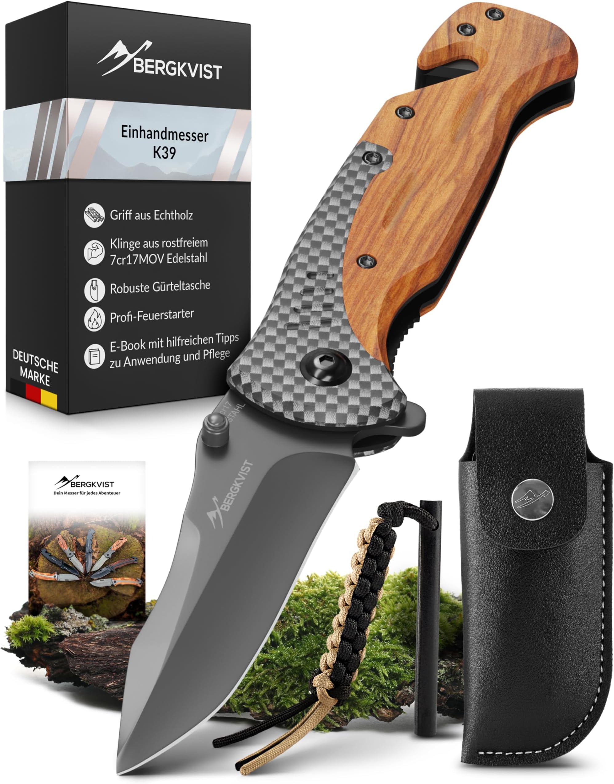 BERGKVIST® jackknife K39 forest wood outdoor knife kitchen knife I 3-in-1 pocket knife I Outdoor folding knife with wooden handle I Sharp hunting knife with stainless steel blade I survival knife kit