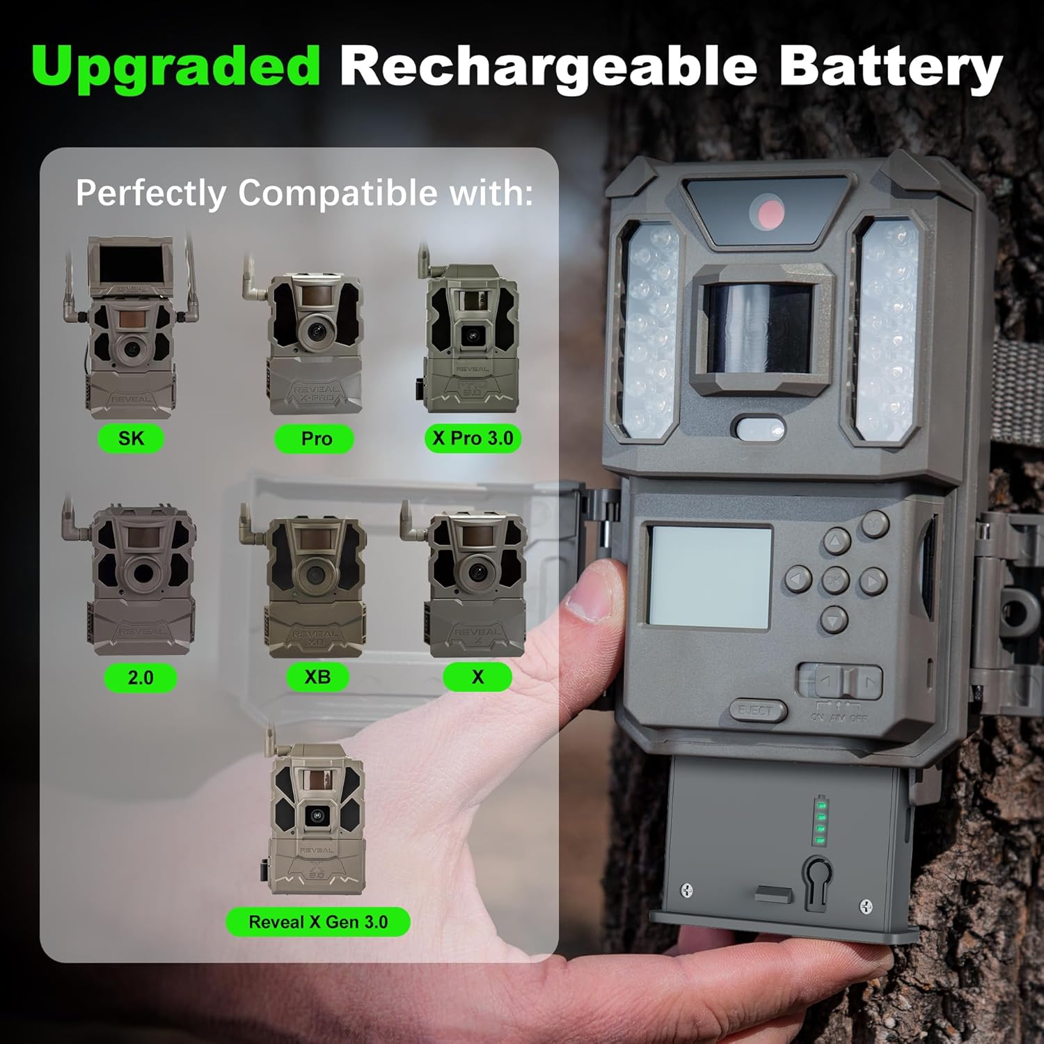 4Pack Rechargeable Reveal Lipo Lithium Battery Pack with Charger for Trail Camera Reveal X Gen 3.0, 2.0, X Pro 3.0, Pro, X Ultra 3.0, SK, XB, X - Upgraded LED Meter & Solar Charging