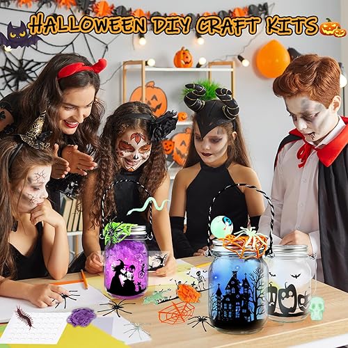 Miniatura 6 de Kit de manualidades de Halloween para niños, 4 tarros de cristal con accesorios para tarro de farol de bricolaje, suministros de fiesta de arte y