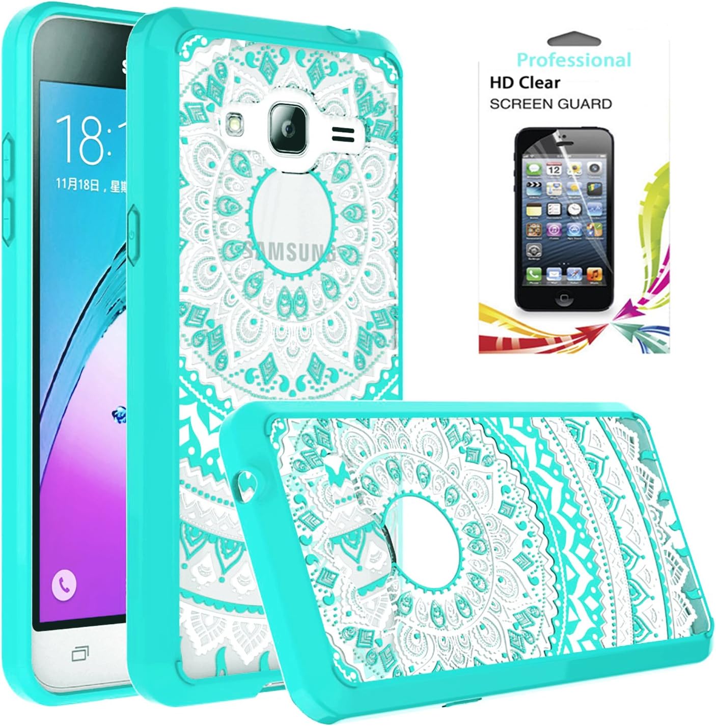 Galaxy J3 Case,Galaxy j3V J3 V/J3 6 /Sky/Amp Prime/Express Prime/Sol Case Clear,AnoKe Mandala Slim Fit Protective Cell Phone Cases Cover with Screen Protector for Girls Women Kids J3 2016 Mint