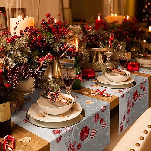 Miniatura 4 de Camino de mesa de bolas de Navidad rojas  72 pulgadas de largo, copo de nieve de invierno, mezcla de algodón y lino, bufandas de vestir de granja