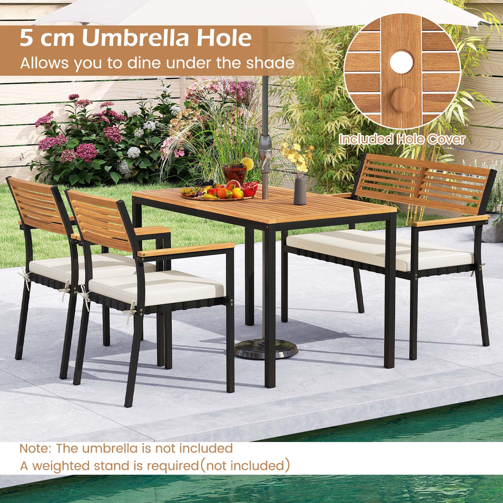 KOMFOTTEU Tavolo da Giardino con 2 Sedie e Panca con Foro per Ombrellone e Cuscino Morbid, Set Pranzo da Giardino Ergonomico in Legno di Acacia, Design Impilabile, Set Salotto per Esterno da Balcone