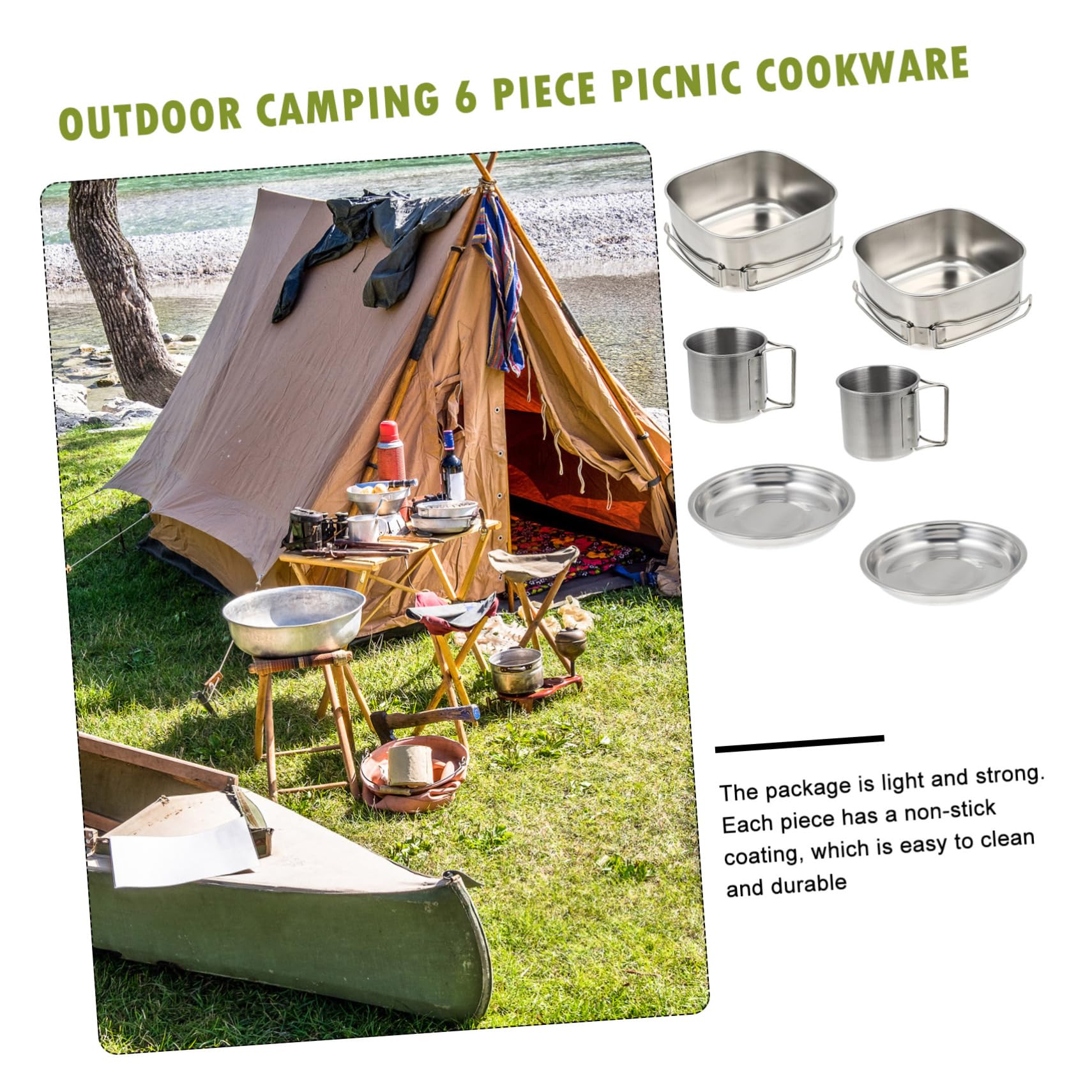 Yardwe Ensemble Cuisine de Camping, en Acier Inoxydable, 1 Set Portable, Poignée Pliable, Facile à Nettoyer pour Barbecue Activités Extérieures