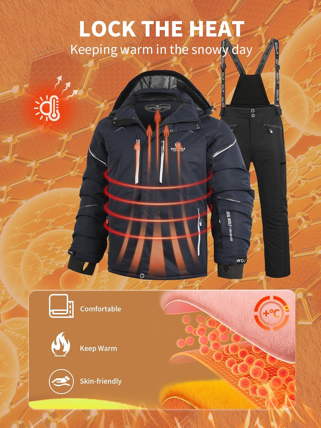 EVIL WOLF Men's Ski Suit Set, Windproof Waterproof Warm, Detachable Suspenders, for Outdoor Skiing & Mountaineering