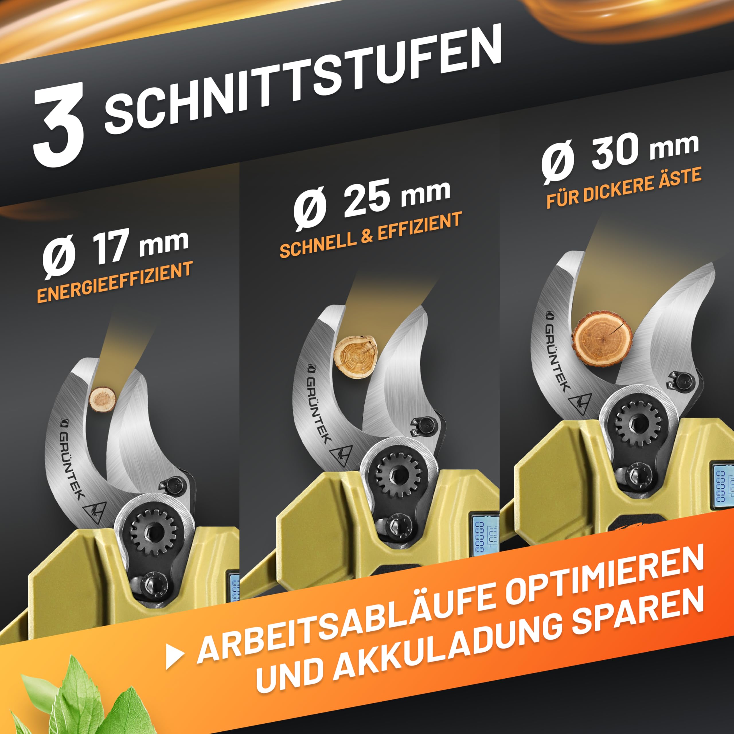 GRÜNTEK Akku Astschere 21V 2Ah Brushless, Elektrische Gartenschere Akku bis 30mm, 400W Bürstenloser Motor SK5 Klinge Makita-Kompatibel, Koffer Komplett-Set Baumschere Akkuschere