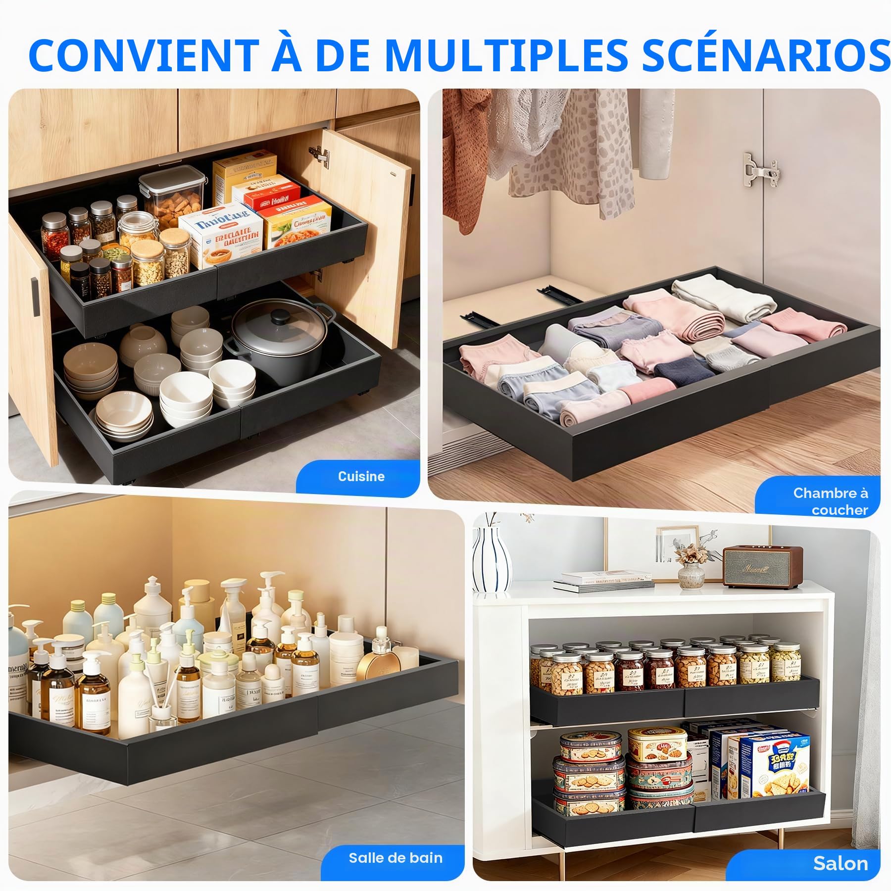 2PCS Tiroir Coulissant Cuisine Adhesif, Rangement Coulissant Placard Cuisine Avec 3 Guides Coulissants Autocollants, Sans perçage, Salle de Bain