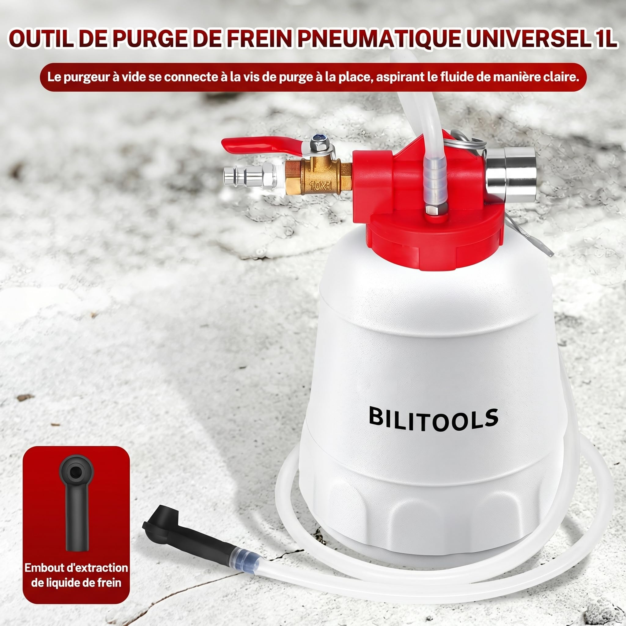 BILITOOLS 1L Purgeur de Frein Voiture et Moto Universel, Pneumatique Pompe à Vide Kit Purge Liquide de Frein par Aspiration avec 4 Adaptateurs, Purgeur ABS pour Frein et Embrayage | Kit d'extraction de liquide d'embrayage pour système de frein pneumatique