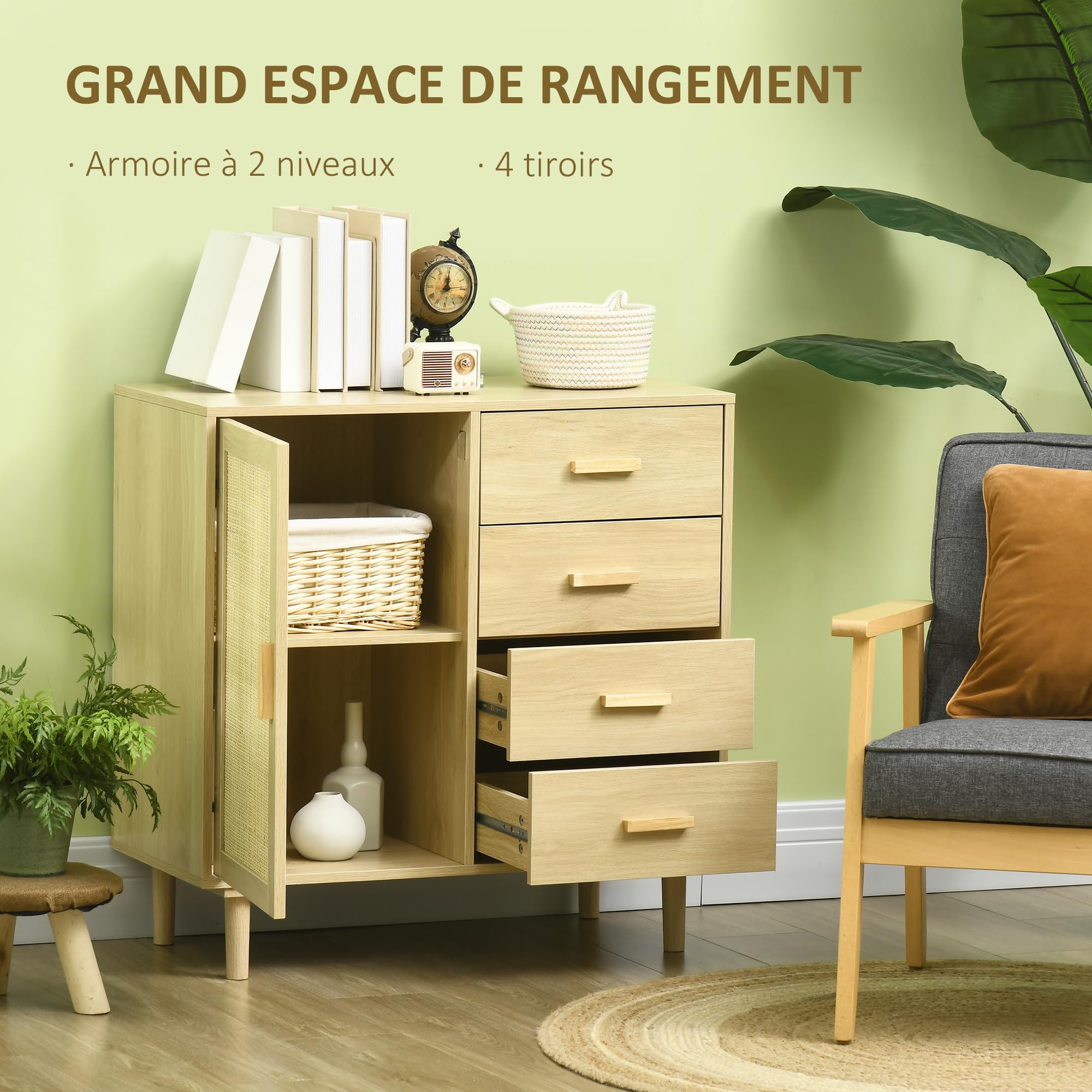 HOMCOM Credenza in rattan con anta in canna e 4 cassetti, credenza per sala da pranzo, soggiorno, camera da letto, 80 x 38 x 80,5 cm, effetto legno naturale