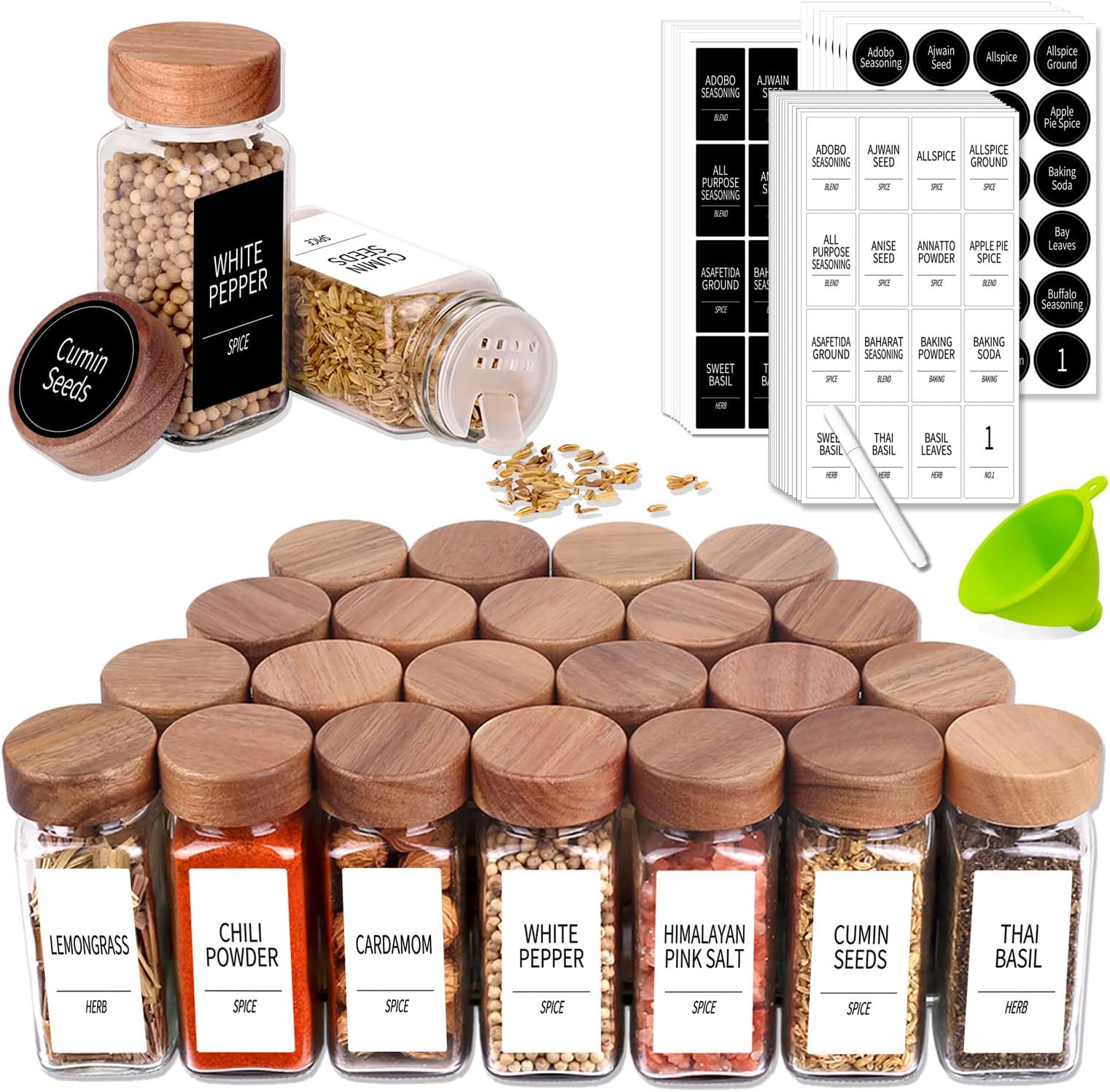 24 Spice Jars with 547 Labels - Glass Spice Jars with Shaker Lids - 4 Oz Square Spice Containers with Acacia Wood Lids, Chalk Pen, Funnel- Seasoning Jars for Spice Rack, Cabinet, or Drawer