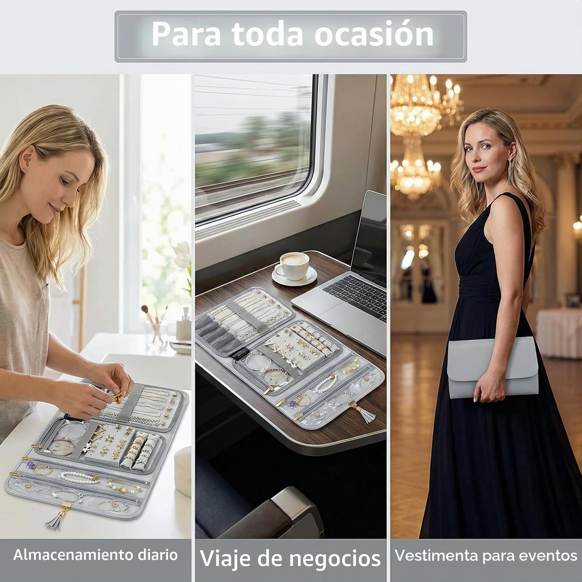 Rollo de Joyería Plegable Portáti Gran Capacidad Bolsa de Rollo de Joyería Portáti Enrollable Suave para Joyería Caja Joyero Portátil para Collares,Pendientes,Anillos, Pulsera,Pendientes Anillos(Gris)