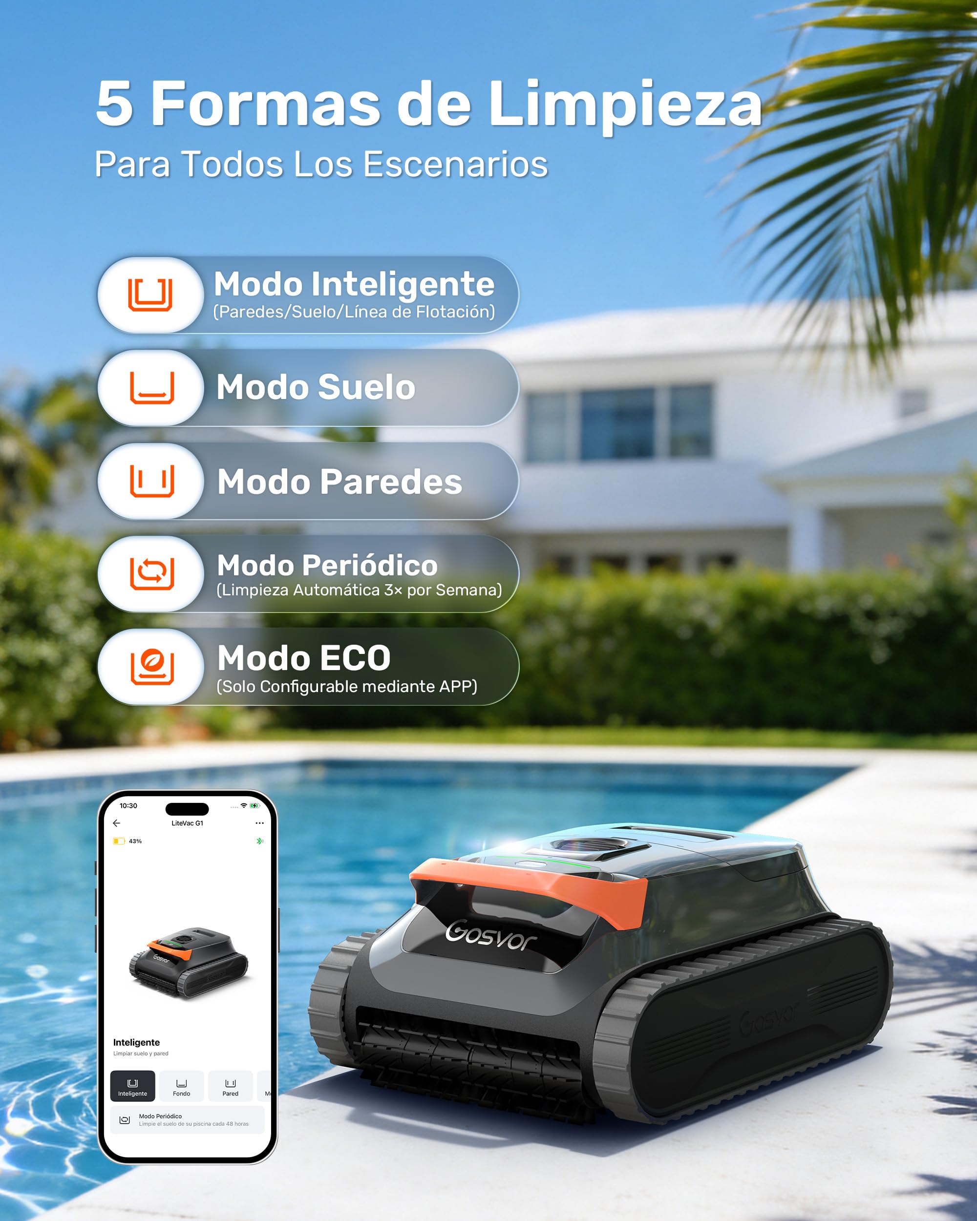 Gosvor (Nuovo 2026 Robot Piscina Limpiafondos y Paredes, Doble Filtración, Planificación Inteligente Rutas, 5 Modos, Control App, 200Min Autonomía, Línea Agua y Zona Poco Profunda,Gris Naranja