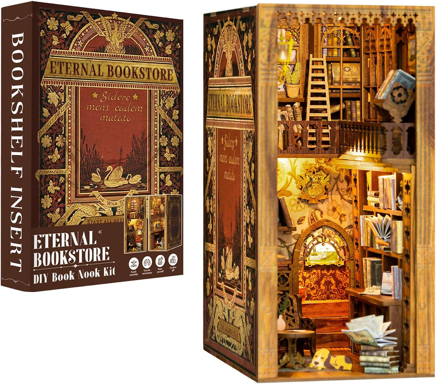 CUTEBEE Book Nook Kit, DIY Miniature Dollhouse Booknook Kit with Dust Cove and Led Light, 3D Wooden Library Model kits to Build, Bookends Bookshelf Decor Gift for Adults(Eternal Bookstore)