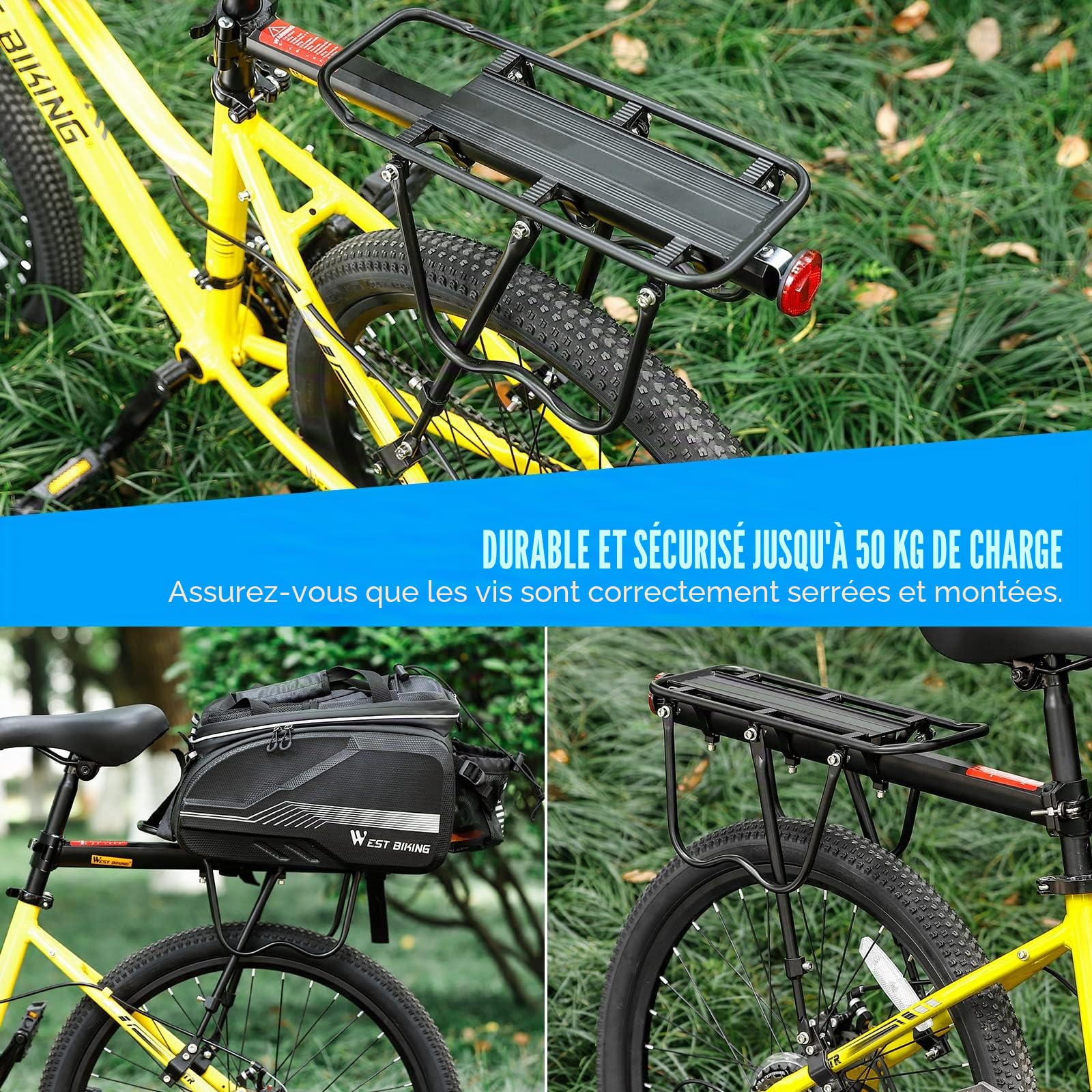 West Biking Porte-bagages pour VTT - Porte-bagages stable pour VTT - Robuste - En aluminium - Montage facile - Charge maximale : 50 kg