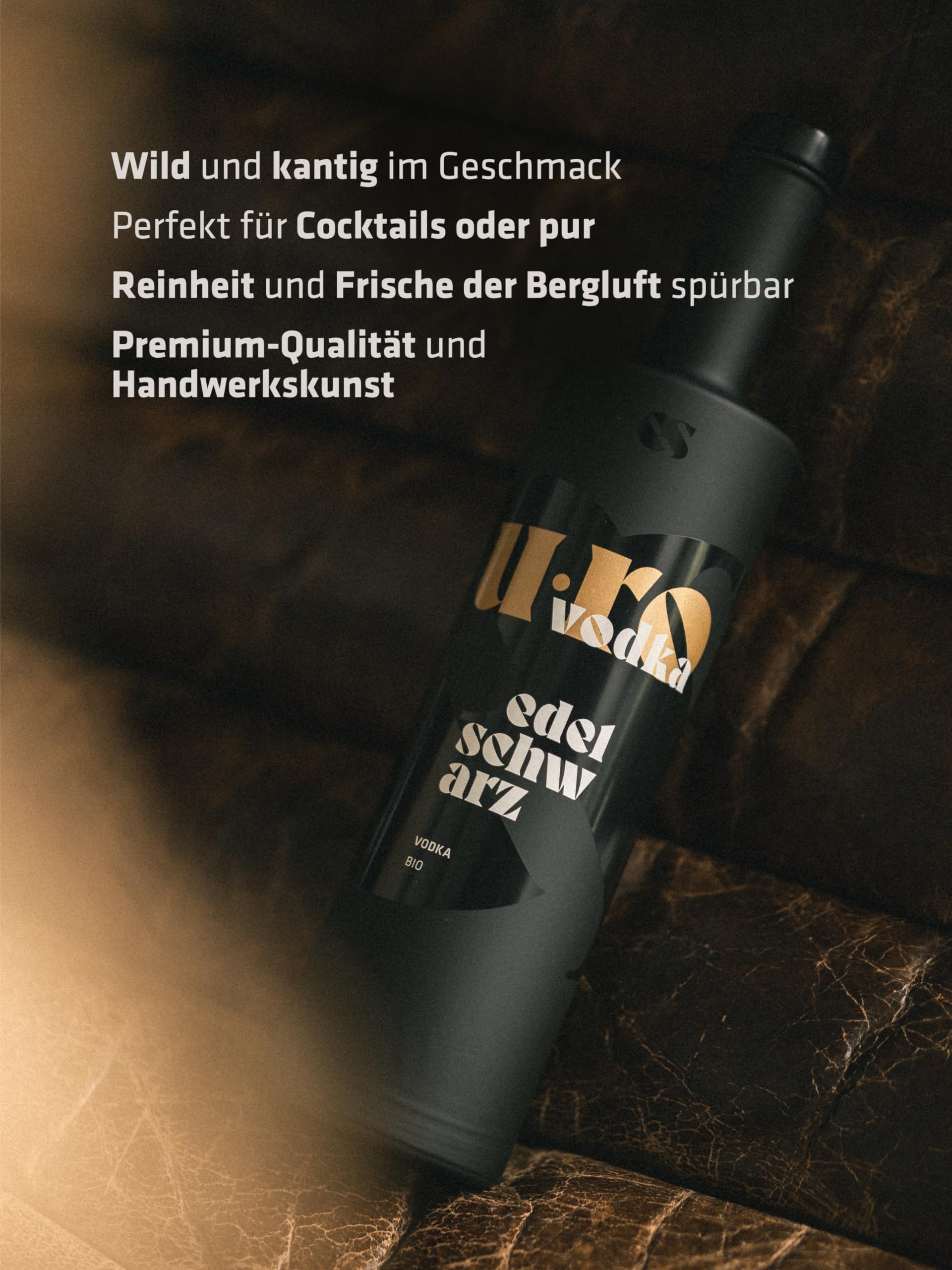 Edelschwarz Alpine Bio Vodka 'u.ro' | 700ml | 40% Vol. | Best of Vodka International Falstaff 2024, 96/100 Punti | Quality made in Alto Adige