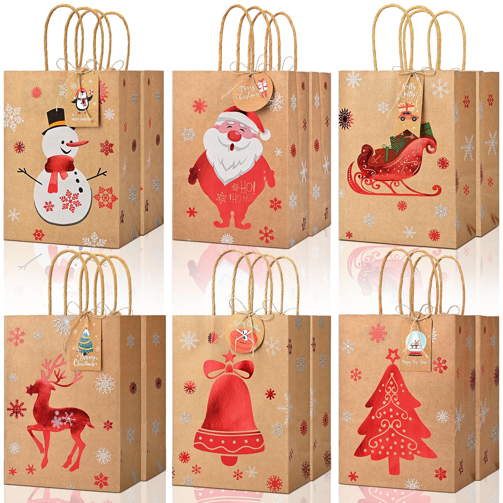 Christmas Kraft Gift Bags 12Pcs Small Xmas Wrapping Bags for Present, Goody Gift Wrap Treat Candy Packing with Tags & Red Foiling Design-Elk Santa Claus for Party Favors Present Decor Supplies