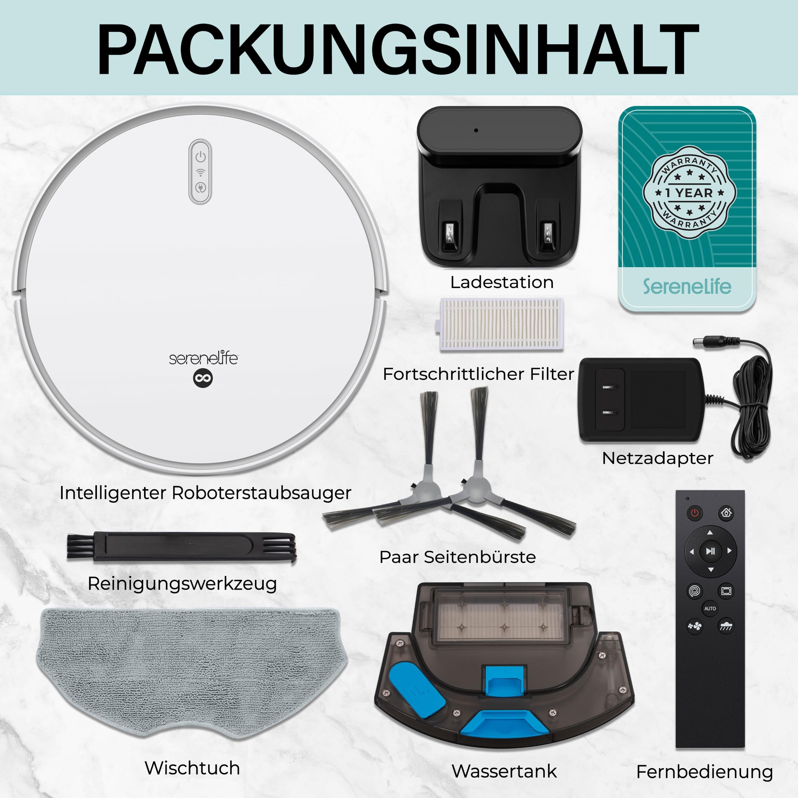 SereneLife Saugroboter mit Wischfunktion, 2 in 1 Staubsauger Roboter, 3000pa Saugkraft, WLAN, Schlank & Geräuscharm mit Absturzsensoren, Selbstaufladend für Tierhaare, Weiche/Harte Böden, 140Mins Max