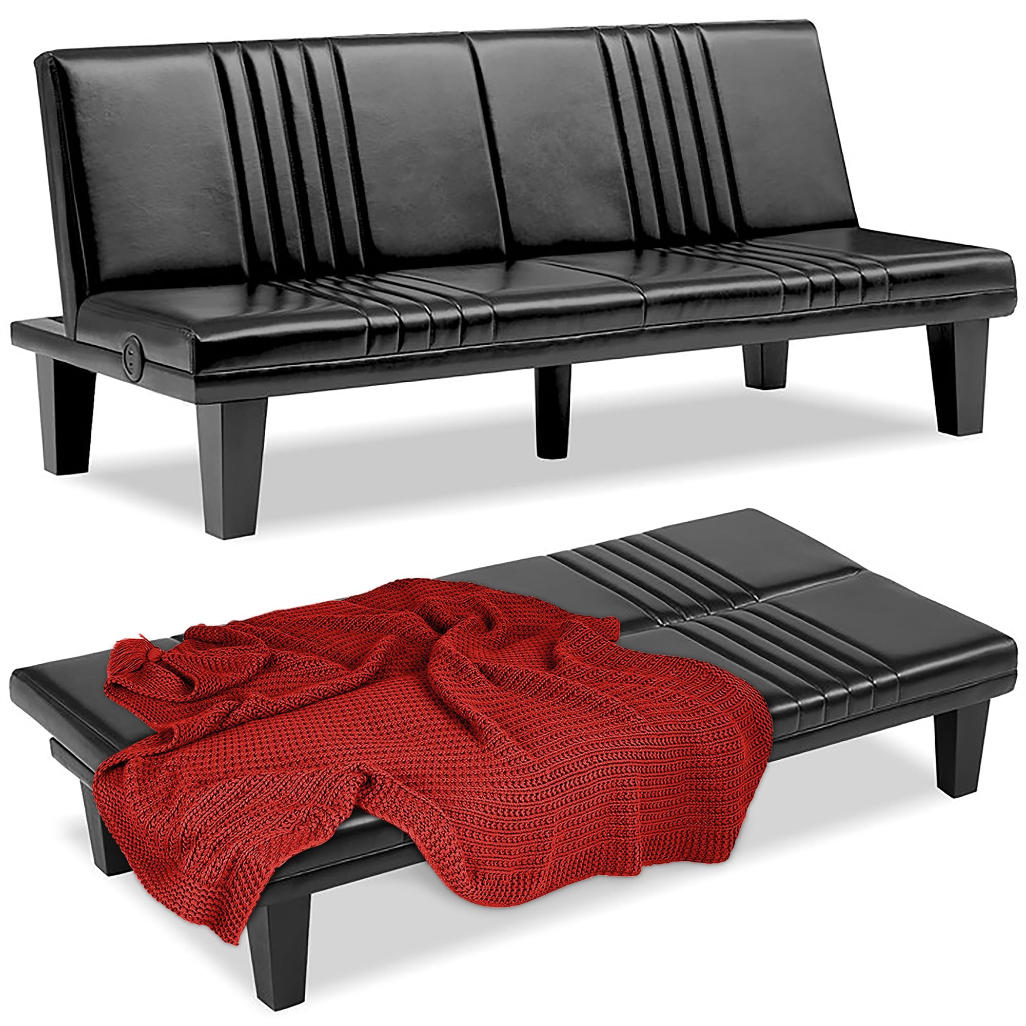 VECELO Modern Convertible Sofa Bed/Folding Sleeper Couch Adjustable Faux Leather Futon for Living Room, Black, Full