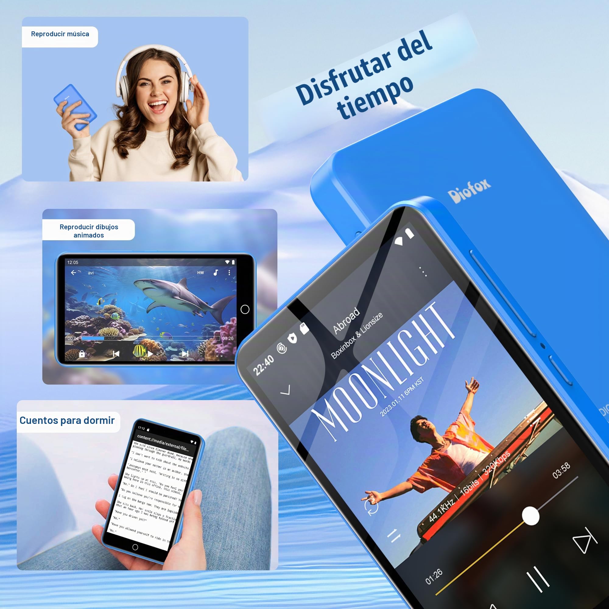 Reproductor MP3 Diofox de 80GB con Bluetooth y Wi-Fi, Reproductor MP3 Android Spotify, Amazon Music, Audible, Pantalla Táctil de 4 Pulgadas, Música en Streaming, Play Store, Radio FM, Deezer - Azul