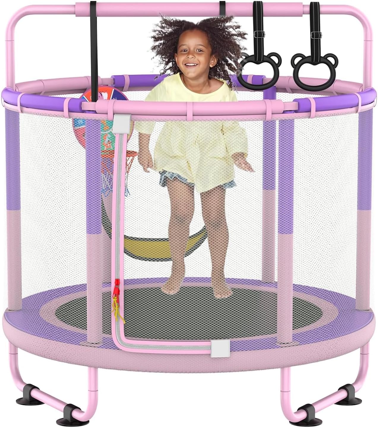 LANGXUN 60" Trampoline for Kids, 5ft Toddler Mini 6-in-1 Trampoline Indoor Outdoor with Swing, Basketball Hoop, Dart Board, Rings, Christmas Toys Birthday Gifts for Girls Boys