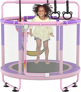 LANGXUN 60 Inch 6-in-1 Kids Trampoline with Swing, Basketball Hoop, Dartboard, Rings - Safe Toddler Mini Trampoline Indoor Outdoor Ages 1-8