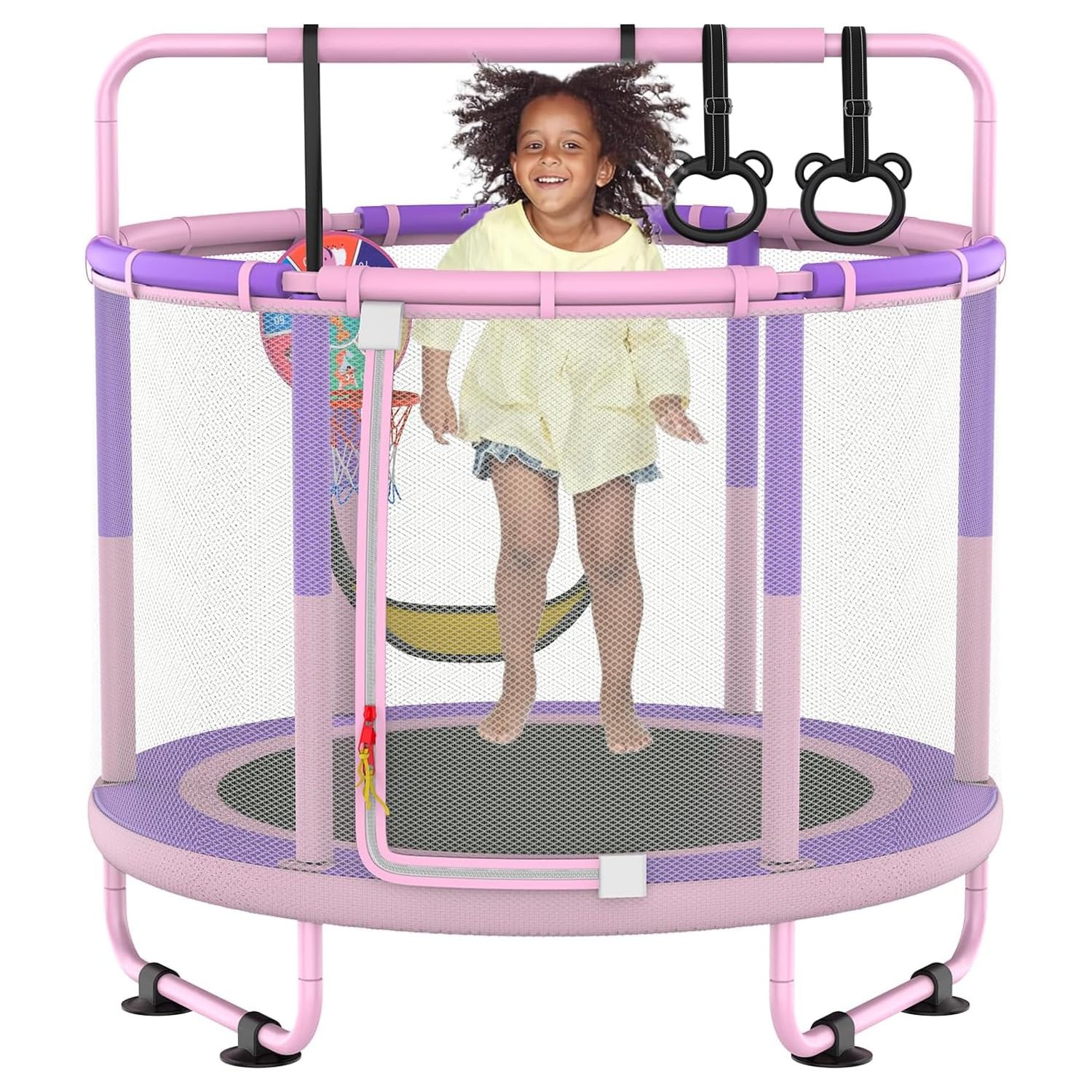 LANGXUN 60" Trampoline for Kids, 5ft Toddler Mini 6-in-1 Trampoline Indoor Outdoor with Swing, Basketball Hoop, Dart Board, Rings, Christmas Toys Birthday Gifts for Girls Boys