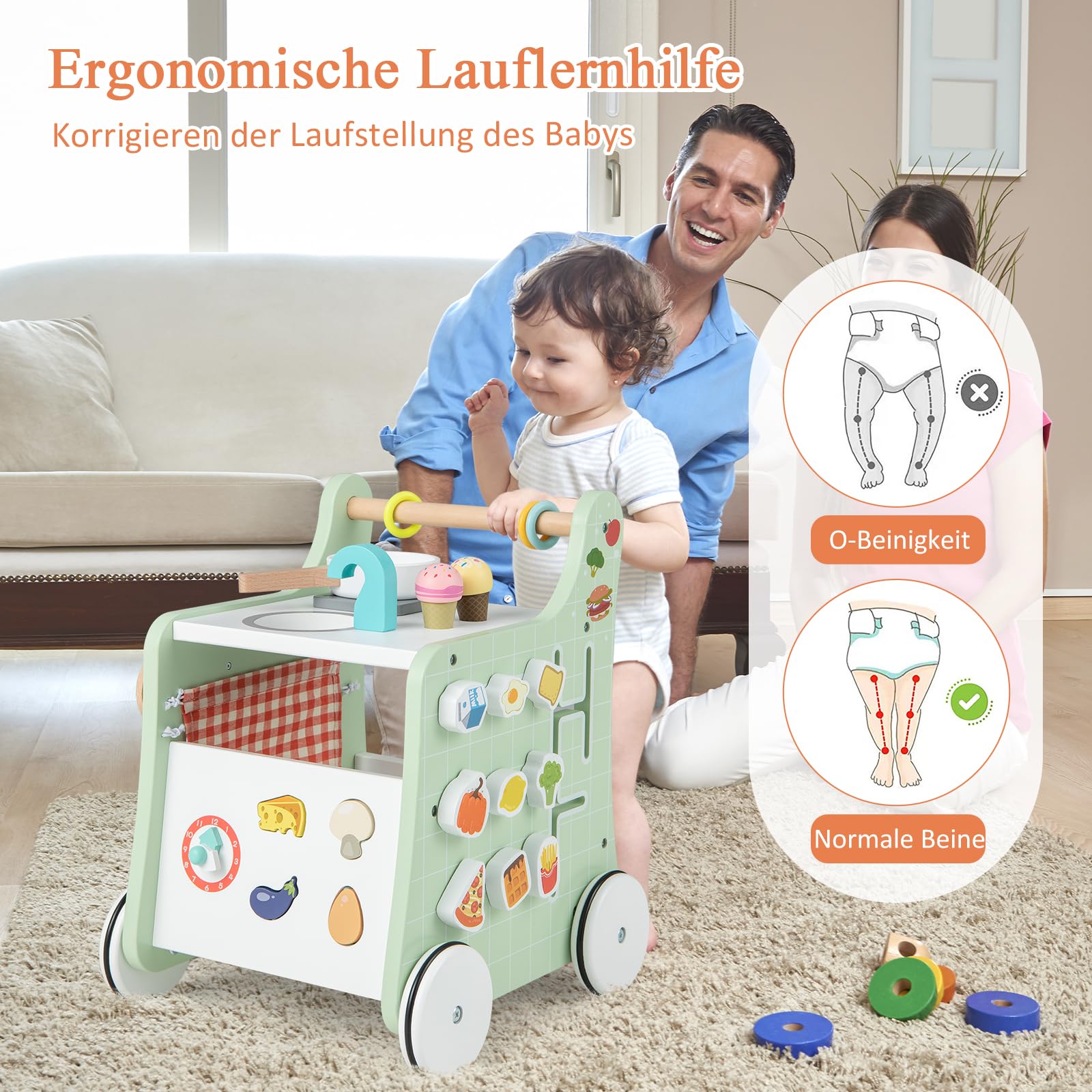 DREAMADE Lauflernwagen Holz, 6-in-1 hölzerne Lauflernhilfe, Baby Walker mit Blöcken & 9 Teilen Zubehör, Lernlaufwagen & Aktivitätszentrum, Kinderküche-Spielzeug für Kleinkinder ab 1 Jahren (Grün)