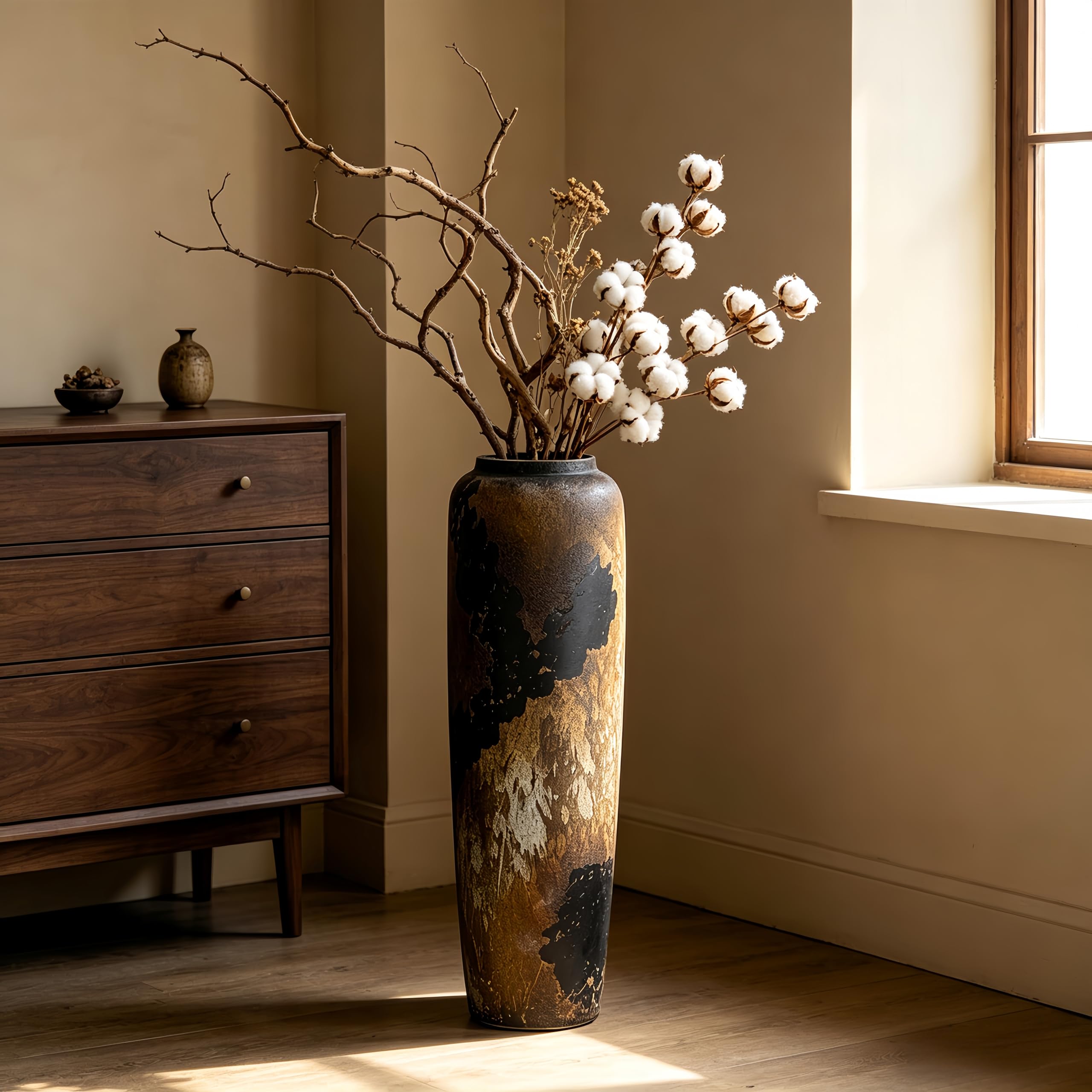 Vintage Keramik Schwarz Bodenvase, 60cm, Rustikaler Boho Stil für Pampasgras, Blumen oder Dekor, Perfekt für Wohnzimmer, Eingang oder Tisch