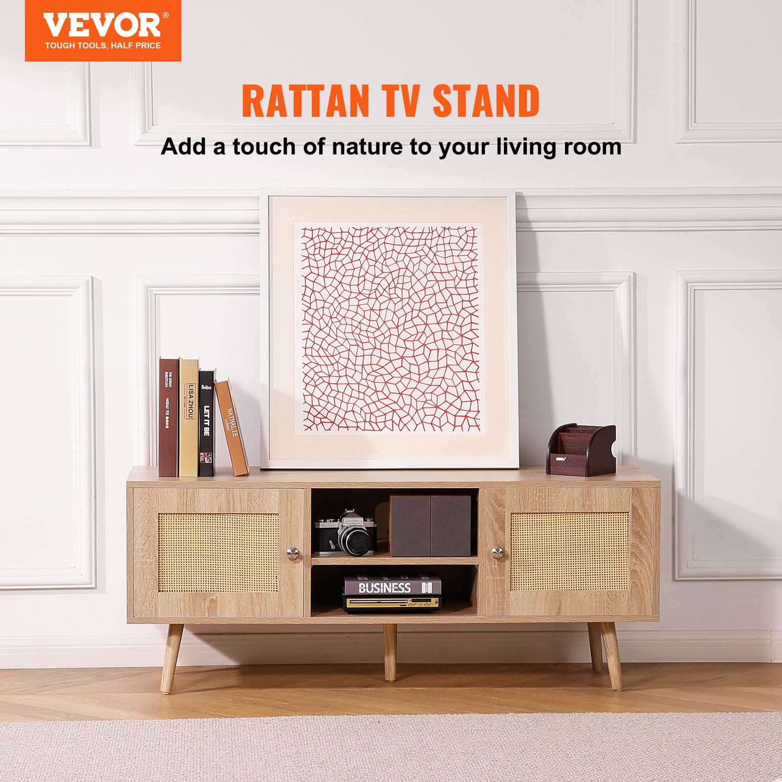 VEVOR Rattan TV Stand, Boho TV Cabinet for 55 inch TV, Mid Century Modern TV Stand, Rattan TV Console with Adjustable Shelfs for Living Room, Media Room, Oak