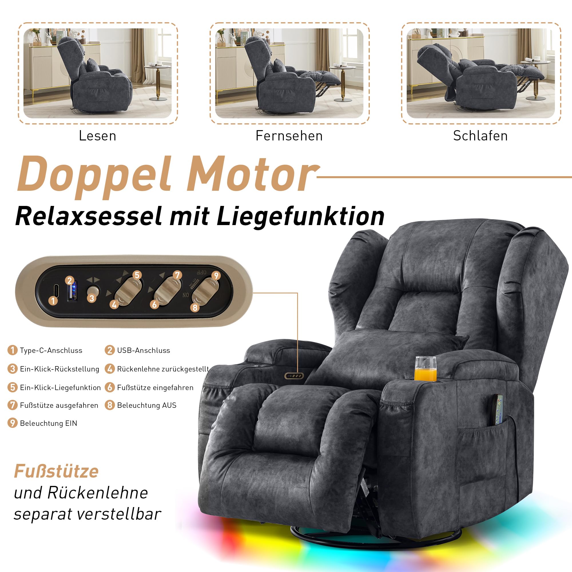 2 Motoren Elektrischer Verstellbar Relaxsessel mit Liegefunktion, Drehbarer Fernsehsessel TV Sessel mit Massage und Wärme, Kinosessel mit USB/LED/TYP C,bis 150 kg (Samt Grau, 1)