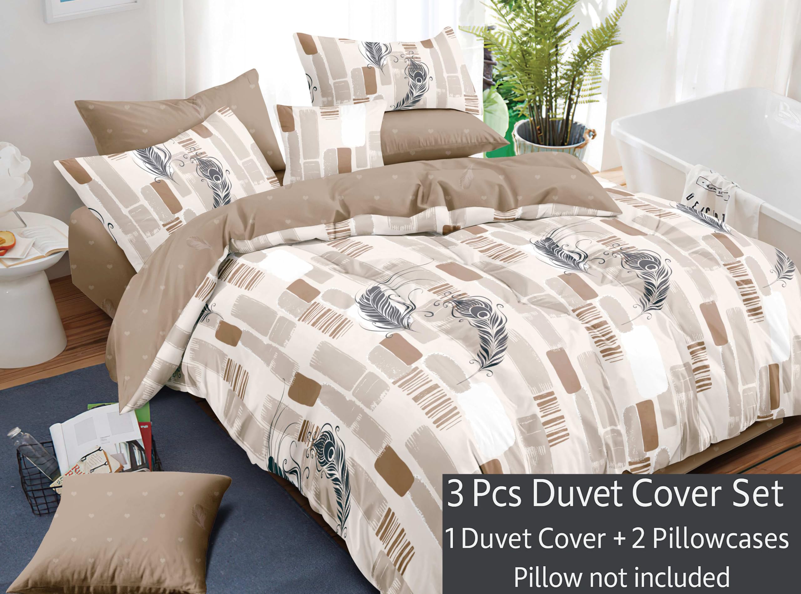 Elegancki Komplet Pościeli, 100% Bawełna, Beżowo-Biały z Motywem Piór, 160x200cm Kołdra i 2 Poszewki na Poduszki, 3 Elementy