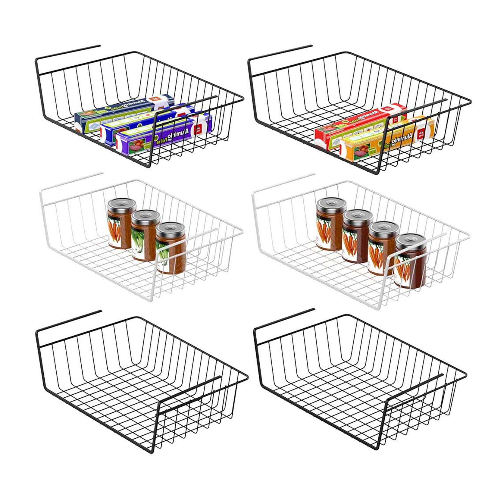 Veckle Under Shelf Basket, 6 Pack Under Shelf Wire Baskets Undershelf Storage Hanging Baskets Add-on Under Shelves Storage for Kitchen Bookshelf Pantry Slide-in Baskets Organizer Black