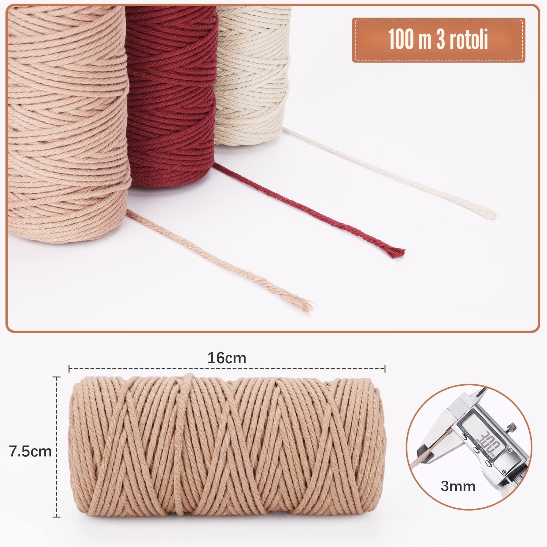 Corda Macramè 3mm Set 3 Filo Cotone Naturale 100m Beige Terracotta Bordeaux 300 Metri